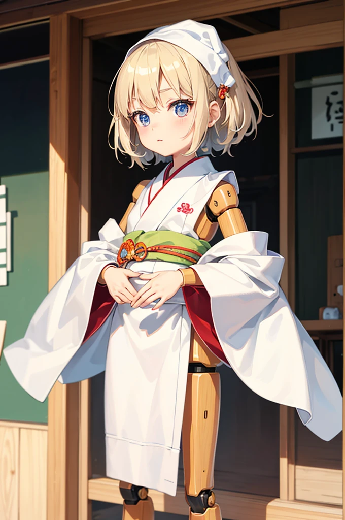 Wooden Humanoid Robot,Wood grain body,child女に似せて作られた,wear the kimono,child,児,Small,Illustrated,((Hand out a towel)),zoom in,Rounded corners of leg and arm parts