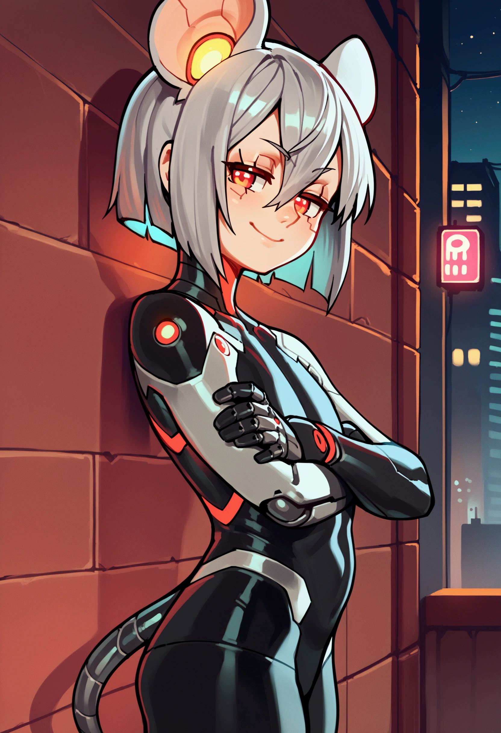 score_9, score_8_up, score_7_up, score_6_up, score_5_up, score_4_up, source_anime, outside, cyberpunk, city, night, sky, neon lights, cityscape, alley, side view, close-up, (hair between eyes:1.1), red eyes, half-closed eyes, smile, looking at viewer, solo, female, humanoid, mouse humanoid, tail, bob cut, grey hair, flat chested, black bodysuit, cybernetic arms, glowing, standing, against wall, crossed arms