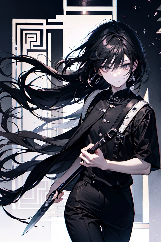 Man standing in the center、Age 36 years old、Height: 172cm、Toned physique, dark hair、Shoulder length、Casual style、Deep brown eyes、Long eyelashes、Sharp eyes and dark muscles、Small scratches and burn marks. A sharp, shiny Santoku knife in his right hand.、左手にBlack Backpack、Lock picking toolsが覗く
服装、Dark grey tight fitting T-shirt、Black stretch pants、black running shoes dual background、The right half is a luxury hotel kitchen.、The left half of the white point is a dark residential area.、Deep shadow、A faint light reflected from the knife blade in the window hit his face.、The sparkle in the eyes is emphasized, creating a sense of tension and calm.、Monochrome background、The blade of a knife illuminated by a warm light.、Reflection of light、Black Backpack、Lock picking tools
