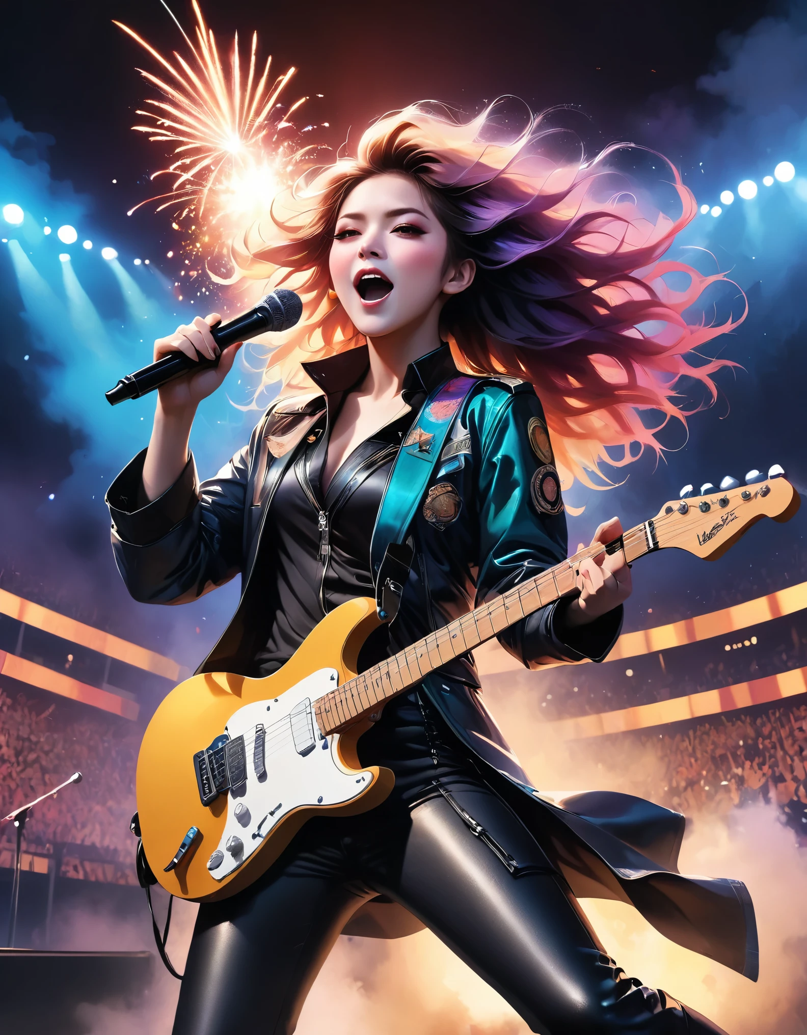 (Highest quality,4K,8k,High resolution,masterpiece:1.2),Very detailed,(Actual,photoActual,photo-Actual:1.37),rock star,singer,guitar,uniform,black,tight,gilded accents,Spacewalk,Hysterical singing voice,Stage lighting,restive,Glitch Art,Bright colors,Energetic performance,An exciting atmosphere,Loud music,Screaming fans,Huge Speaker,Fiery explosion,Dynamic pose,Smoke and fog effects,Expressive Face,Revolving light,flash,Dark Background,Edgy Style,Wild Hair,Mike stand,guitar声音失真,Rock Music,Celebrities,电guitar独奏,Huge concert stage,Stroll on stage,Condescending attitude,Emotional Intensity,Big, heavy drum sounds,Electrical Energy,Stage Fireworks,Powerful vocal performance,the stadium has a full crowd,Thousands of fans,roaring crowd,flash,An exciting atmosphere,sweaty and Energetic performance,Legendary figure,Acting skills,Standing ovation