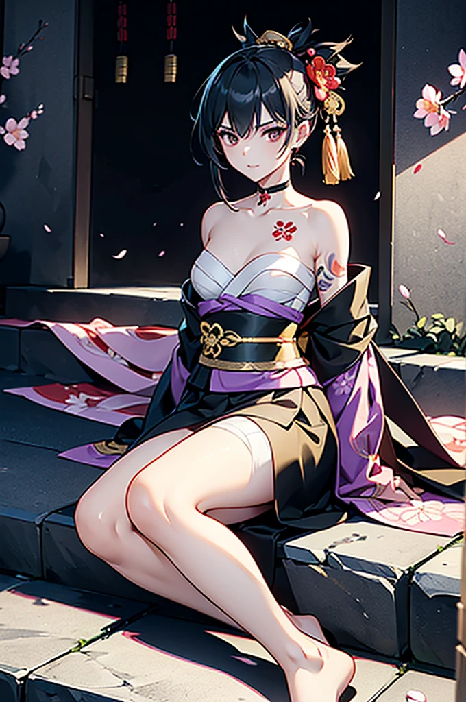((roll up bandage sideways on a chest tightly to cover the chest without gaps)), bandage samweways, the bantage is no chest shape, flat chest, ((Japanese Gangster BOSS)), adult woman with the dignified presence, Killing Qi, wear nothing around shoulder, wear nothing around neck, wear the kimono, wear it below the waist, (I wind it up to control it, and to attach it), ((kimono come off)) ,wear the kimono multiple times, Bare shoulders and the clavicle, black and gold kimono, put on over jacket of kimono, (holding a japanese sword which shine in purple, The handole of the sword is black, and the blade is gray, long sword), eye fire, low angle, whole body, bandage is seen, anime character, Glaring, off sholder, nappropriate smile, Excellent, black blue hair, can see both shoulder, long hem, small face, ((some cherry blossam big tattoo on the arm)),((Sitting with legs stretched out on the stone steps))