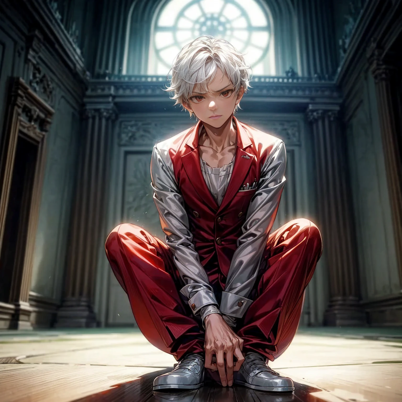 Solo, kid boy, Full body version, light red eyes, wavy haircut, white color hair, suit style outfit, Grassroots, full background indoor room Castle, motion blur, lighting, (one piece style art), sit down gesture