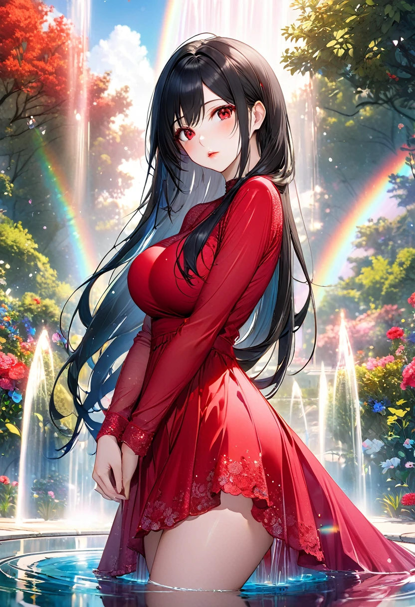 (beautiful style), (solo:2, 18 yo), (beautiful straight) (beautiful detailed black hair, very long hair) (best sadist girl, cool beautiful red eyes, glossy lip, big tits), in a immensely beautiful red dress with double exposure grow, break, in the beautiful enchanted garden, Large fountain with double exposure rainbow, BREAK, perfect anatomy, masterpiece, best quality, 16k, beautiful detailed love, daydreaming expression.