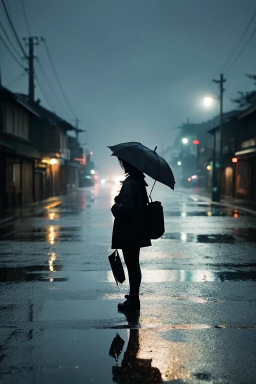 「Demon slayer」The scene where No-Face stands on a rainy night。Raindrops reflect the silhouette of No-Face、It creates a fantastic atmosphere。