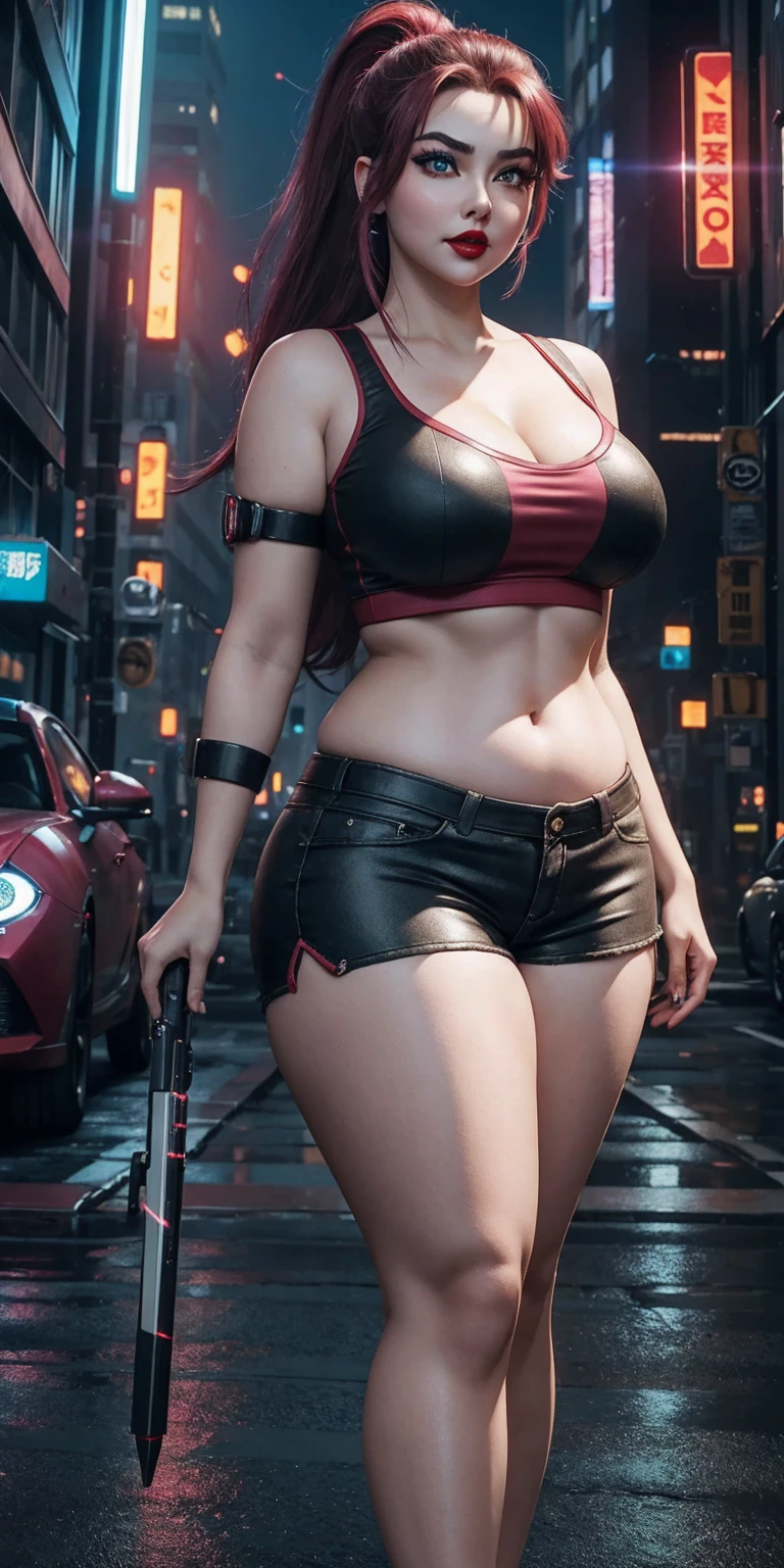 (masterpiece, best quality, expressive eyes, perfect face, hyper-realistic detailed face), Ultra HD, 4K, HDR, (8K), 3D cyberpunk street, gaming hubs, cyberpunk theme, night, futuristic, (1024K), reflections, glass, mirrors, RTX 4090 ti, ray tracing, high octane render, (Doll in cyberpunk streets, gorgeous), (curvy), age 20, confident smirk, wearing shorts, high ponytail, (((red lips))), (((anime like eyes, thick eyelashes))), ((raised arrogant eyebrows)), ((heavy makeup)), pink cheeks, perfect body, (wide hips, wide waist, torso, belly, navel), (curvaceous figure), sweaty skin, (youthful skin), pale white skin