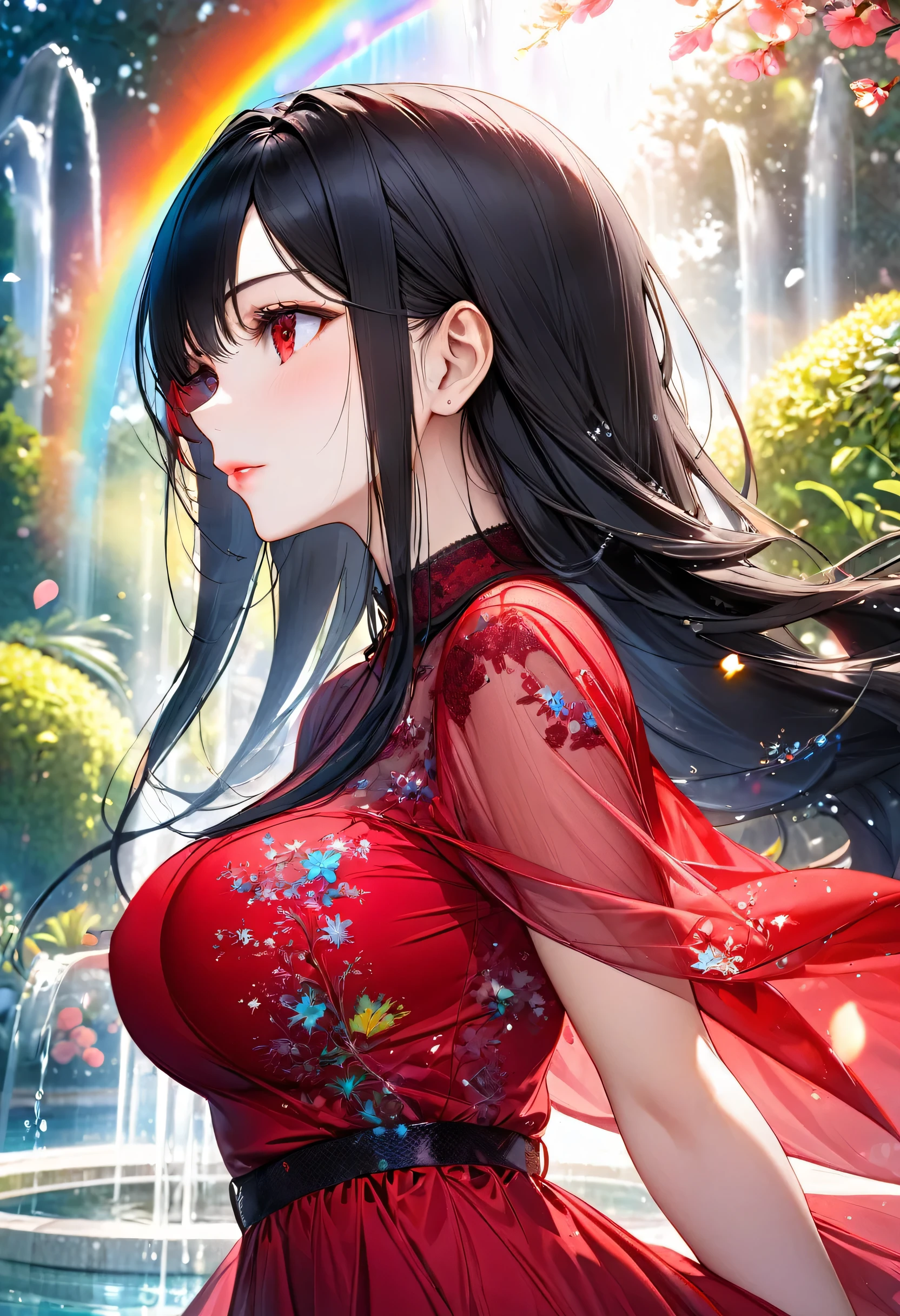 (profile beautiful style), (solo:2, 18 yo), (beautiful straight) (beautiful detailed black hair, very long hair) (best sadist girl, cool beautiful red eyes, glossy lip, big tits), in a immensely beautiful red dress with double exposure grow, break, in the beautiful enchanted garden, Large fountain with double exposure rainbow, BREAK, perfect anatomy, masterpiece, best quality, 16k, beautiful detailed love, daydreaming expression.