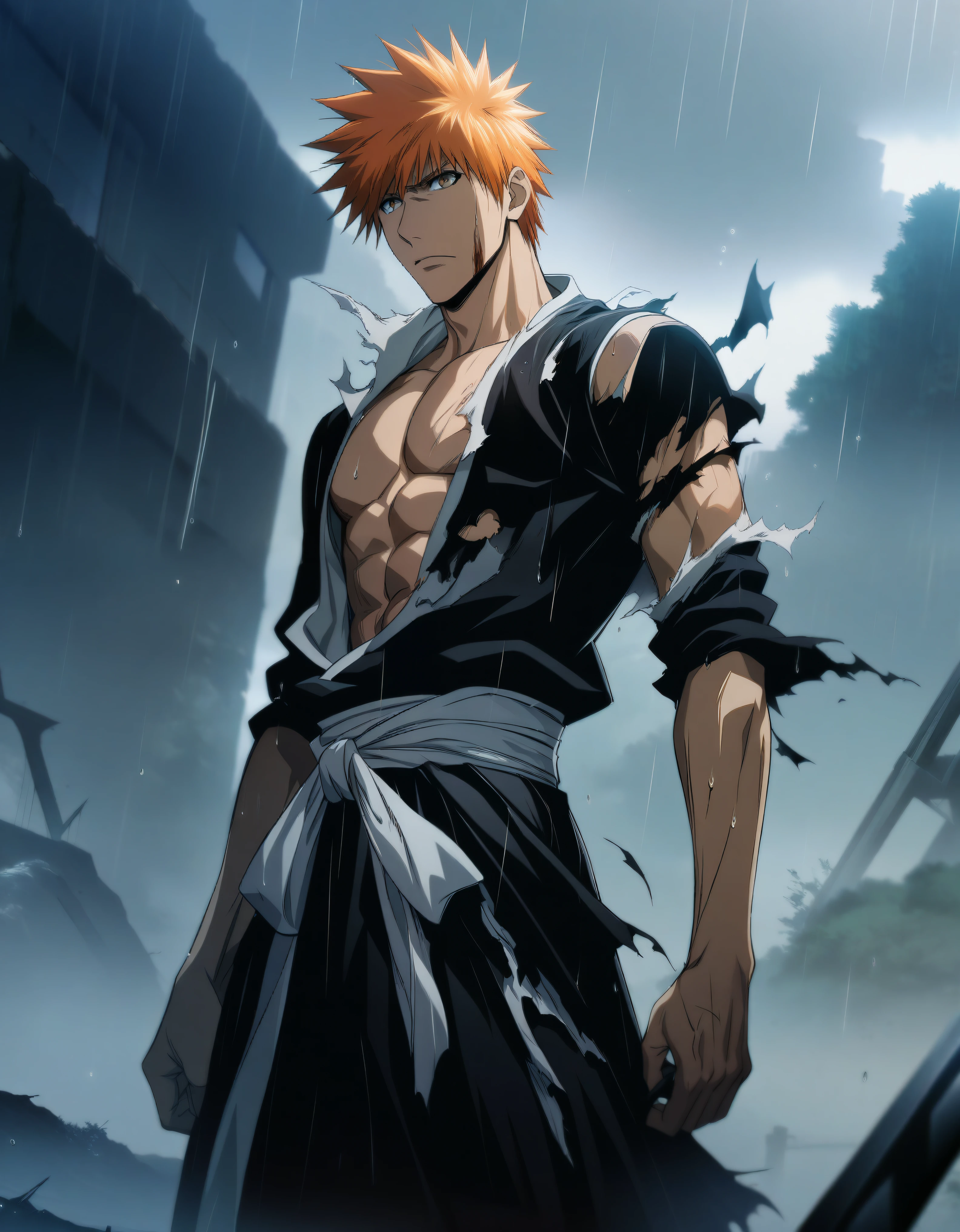 1boy, male focus, kurosaki ichigo, bleach, black hakama, tensa zangetsu (bankai), torn clothes, outdoors, rain, pectoralasterpiece), (best quality), (ultra-detailed), very aesthetic, illustration, disheveled hair, perfect composition, moist skin, intricate details,