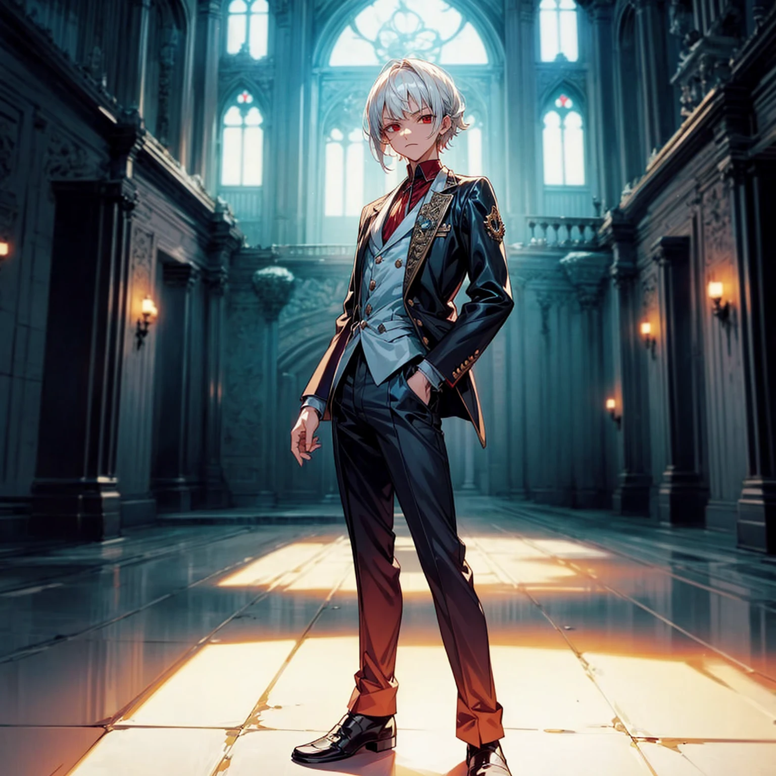 Solo, ??? vampire, ??? boy, Full body version, light red eyes, wavy haircut, white color hair, suit style outfit, Grassroots, full background indoor room Castle, motion blur, lighting, (one piece style art), standing gesture