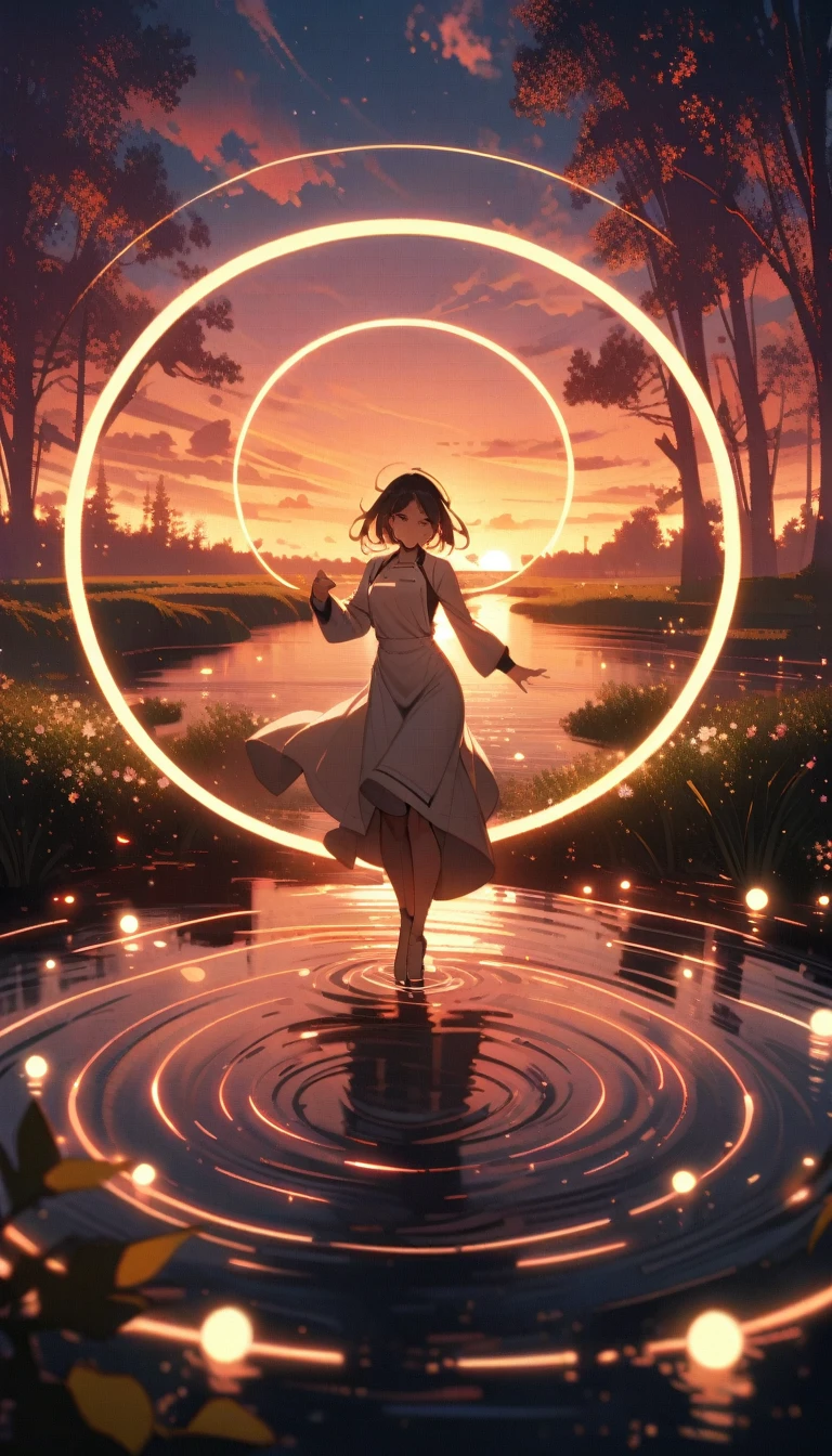 ((best quality)) , ((masterpiece)) , (detailed)，1 female，(water bloom), (delicate glow), (breeze), long Flowers meadow,(((sunset)), (less stars form a circle), randomly distributed clouds, (rivers), (willows with branches falling into the water)，((kitchen))，Female chef，High heel，((whole body))