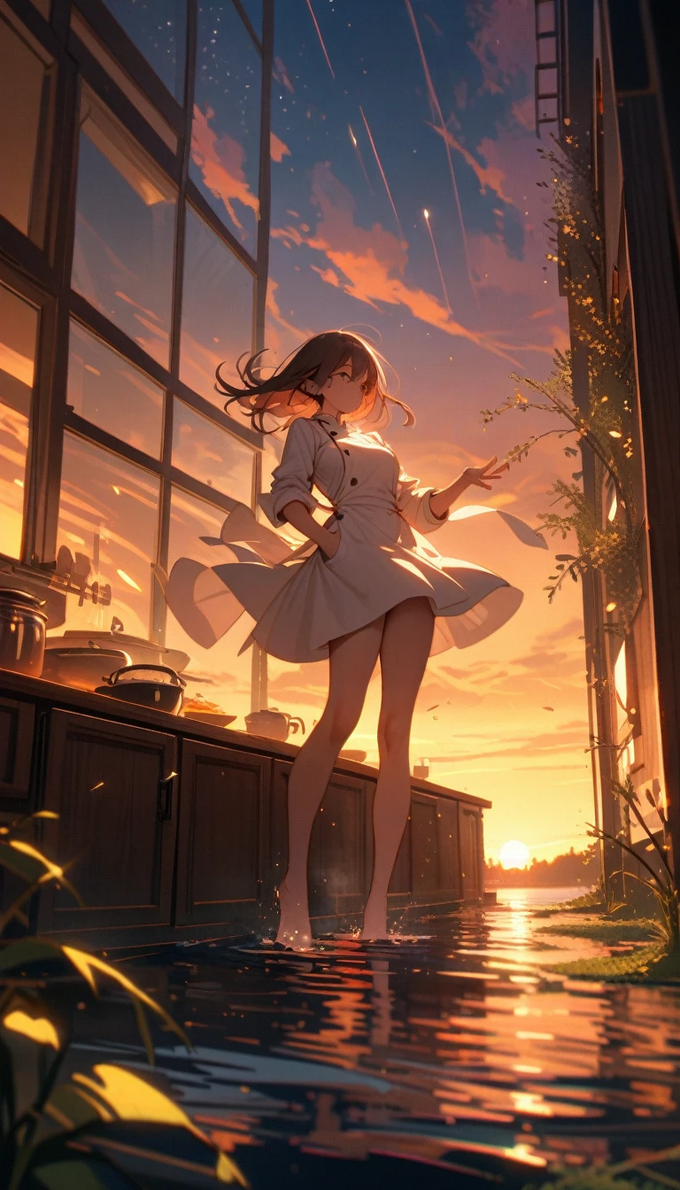 ((best quality)) , ((masterpiece)) , (detailed),1 female,(water bloom), (delicate glow), (breeze), long Flowers meadow,(((sunset)), (less stars form a circle), randomly distributed clouds, (rivers), (willows with branches falling into the water),((kitchen)),Female chef,High heel,((whole body))