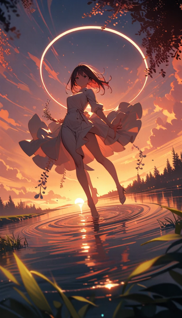 ((best quality)) , ((masterpiece)) , (detailed),1 female,(water bloom), (delicate glow), (breeze), long Flowers meadow,(((sunset)), (less stars form a circle), randomly distributed clouds, (rivers), (willows with branches falling into the water),((kitchen)),Female chef,High heel,((whole body))