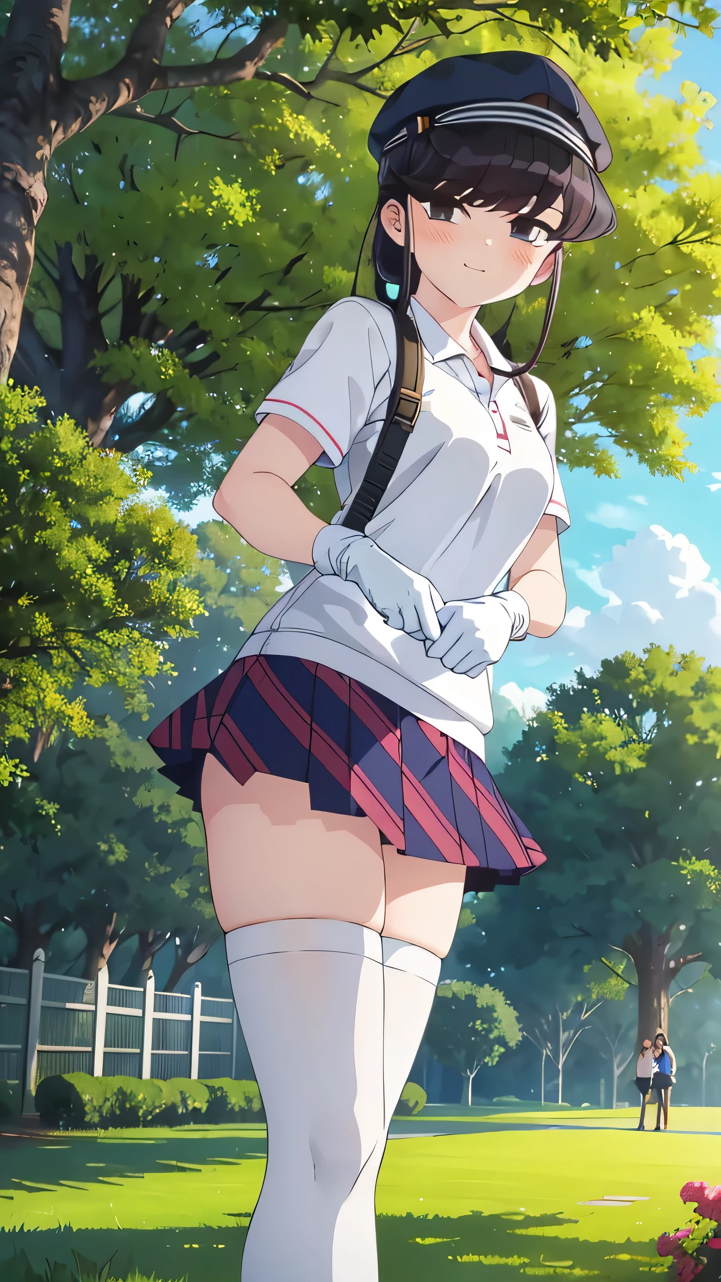 tree, bush, white gloves, gloves, nature, forest, grass, outdoors, foliage, 1girl, park, day, golf club, skirt, thighhighs, hat, sky, lamppost, plant, white legwear, blue sky, smile, solo, breasts, palm tree, garden, under tree, long hair, short sleeves, pine tree, looking at viewer, against tree, bangs, jungle, shirt, tree shade, fence, pleated skirt, path, baseball cap, cloud, branch, hair bun, road, blush, on grass, white shirt