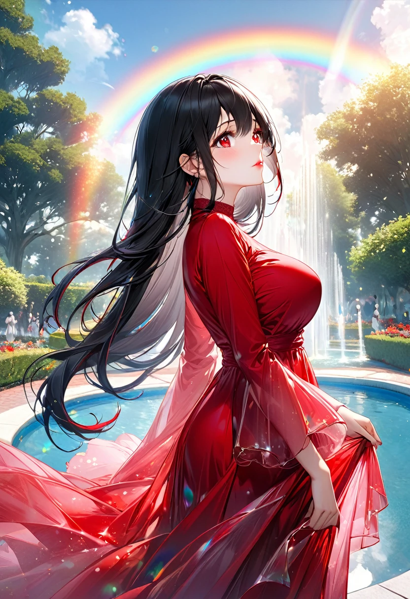 (profile beautiful style), (solo:2, 18 yo), (beautiful straight) (beautiful detailed black hair, very long hair) (best sadist girl, cool beautiful red eyes, glossy lip, big tits, looking sky), in a immensely beautiful red dress with double exposure grow, break, in the beautiful enchanted garden, Large fountain with double exposure rainbow, BREAK, perfect anatomy, masterpiece, best quality, 16k, beautiful detailed love, daydreaming expression.