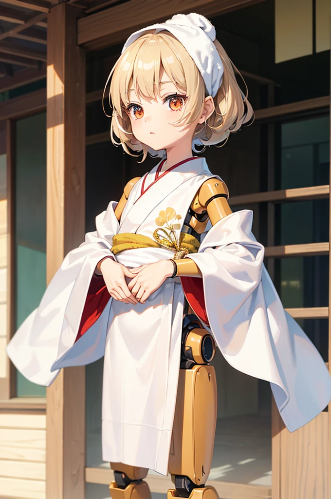 Wooden Humanoid Robot,Wood grain body,child女に似せて作られた,wear the kimono,child,児,Small,Illustrated,((Hand out a towel)),zoom in,Rounded corners of leg and arm parts