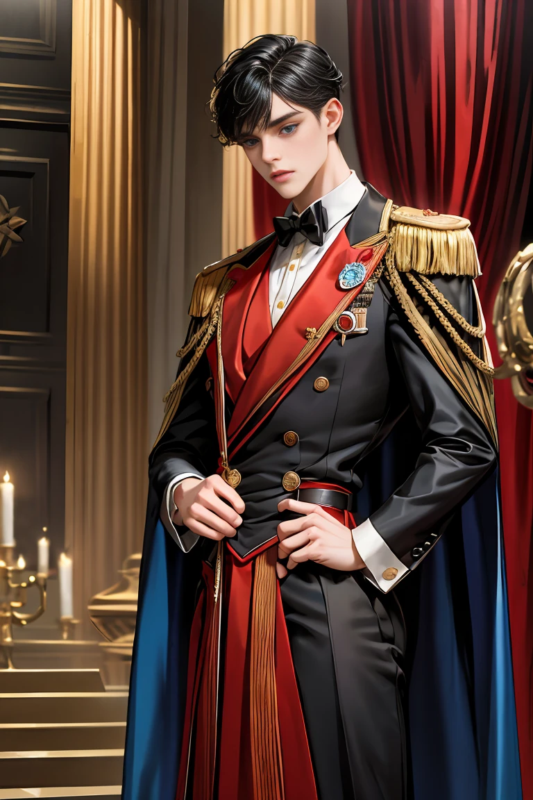
masterpiece, 最high quality, high quality, 1 boy, alone, Male focus, Watching the audience,  Messy black hair, Adorable big blue eyes, White people, Noble, Noble,Sexy voluminous black and red cape、Tuxedo、A very voluminous, large, very large, very large, long, long red and black cape with a high stand-up collar, reaching down to the floor, made of a lot of fabric., ,Cute beautiful boys,Cute, cute, kind, handsome guy