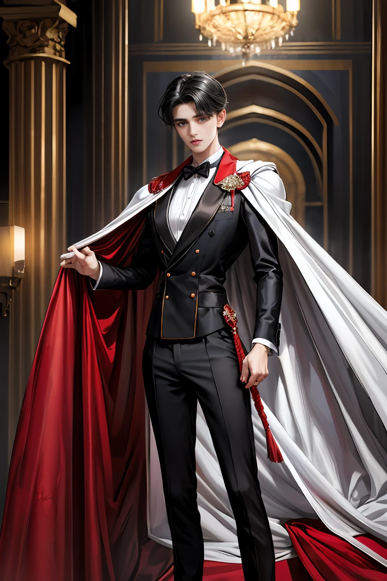masterpiece, 最high quality, high quality, 1 boy, alone, Male focus, Watching the audience, Messy black hair, Adorable big blue eyes, White people, Noble, Noble,Sexy voluminous black and red cape、Tuxedo、A very voluminous, large, very large, very large, long, long red and black cape with a high stand-up collar, reaching down to the floor, made of a lot of fabric., ,Cute beautiful boys,Cute, cute, kind, handsome guy