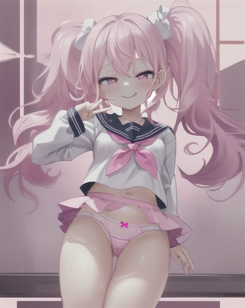 pretty girl、Young face、Pink Hair、Twin tails、Wavy Hair、Pink eyeischievous face、Spoiled brat、uniform、(Sailor suit)、Immature body、Small breasts、Sticking out tongue、Long and cute tongue、smile、Sweat、sexy panties、(Thick thighs:1.5)