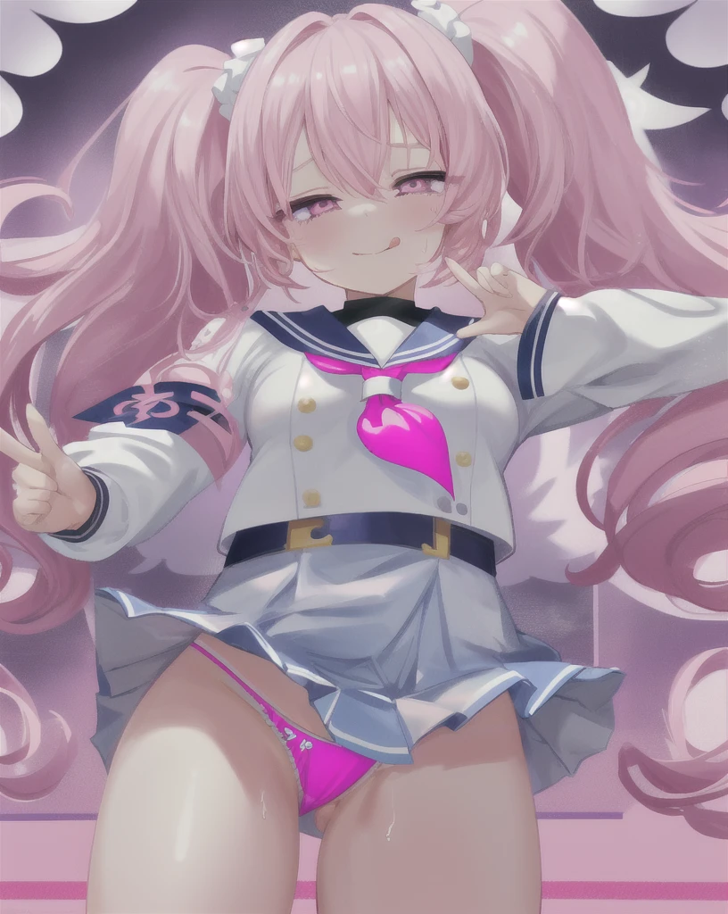 pretty girl、Young face、Pink Hair、Twin tails、Wavy Hair、Pink eyeischievous face、Spoiled brat、uniform、(Sailor suit)、Immature body、Small breasts、Sticking out tongue、Long and cute tongue、smile、Sweat、sexy panties、(Thick thighs:1.5)