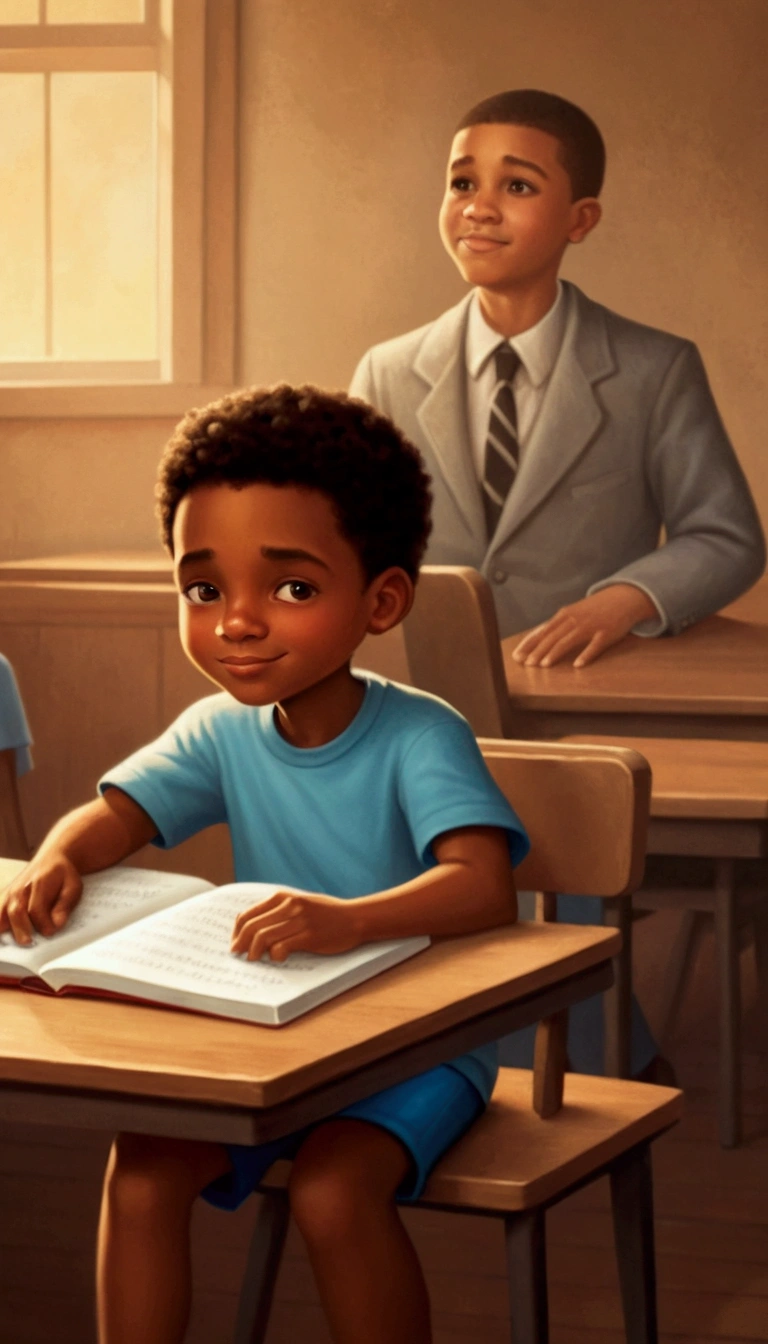 a cartoon image of a boy sitting at a table with a book, inspired by Kadir Nelson, by Kadir Nelson, illustrative art, single boy concept art, by Jason Felix, beautiful representation, Absolutely remarkable image, por Brian Thomas, by Lena Alexander, children's book illustration, children’s book illustration, por Richard Hess, illustration!, colored illustration