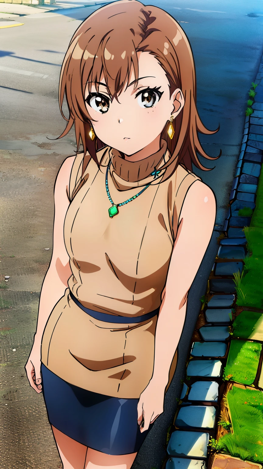 (masterpiece, best quality, 8k:1.2),Very detailed, (anime:1.1), misaka_mikoto, brown hair, medium hair, hairpin, , medium breasts, 1girl, ((Dark blue turtleneck sleeveless knit), pencil skirt, on the city street, necklace, earrings, knee-high stockings), From above, Cowboy shot, looking at viewer,