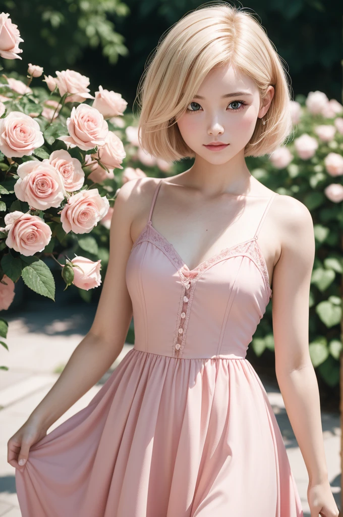 8k, CRU photo, Fujifilm, style photo of a beautiful young woman like Avril in a light pink rose garden (highly detailed skin: 1.2) Style-Petal BREAK short hair, blonde hair with colored highlights, wearing a dress, film grain, 35mm, cute style