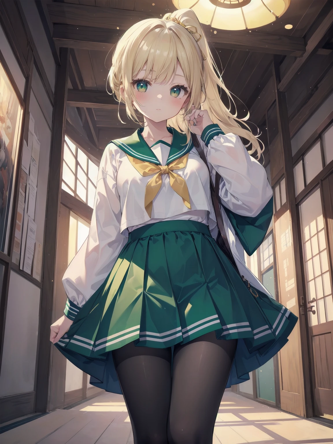 Masterpiece, illustration, super detailed, kawaii, one girl, 独奏, slender 14 year old, Japanese girl, chou chou, ribbon, nape of neck, low ponytail, cute pose in Less revealing attire, (green sailor outfit, two gold lines), large gold ribbon, priss skirt, black pantyhose, , Long Sleeves, White innerwear for sailor suit, living room, cowgirl shot, sfw, dynamic angle、Close-up on the characters、(building, city、A dense fog of fluorescent particles、1800Era、Japanese Style、Fiction、grow、Overwhelming、Detailed street)、A beautiful girl with a beautiful background and a super cute pose