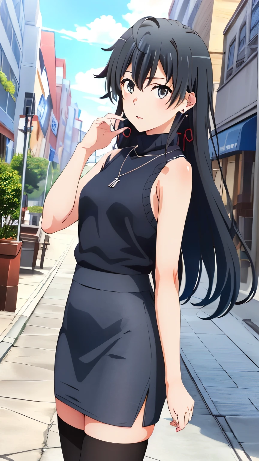 (masterpiece, best quality, highres, 8k:1.2), (anime), yukino, long hair, ahoge, Small medium breast, hair ribbon, ((Dark blue turtleneck sleeveless knit), pencil skirt, on the city street, necklace, earrings, knee-high stockings), Cowboy shot, looking at viewer,