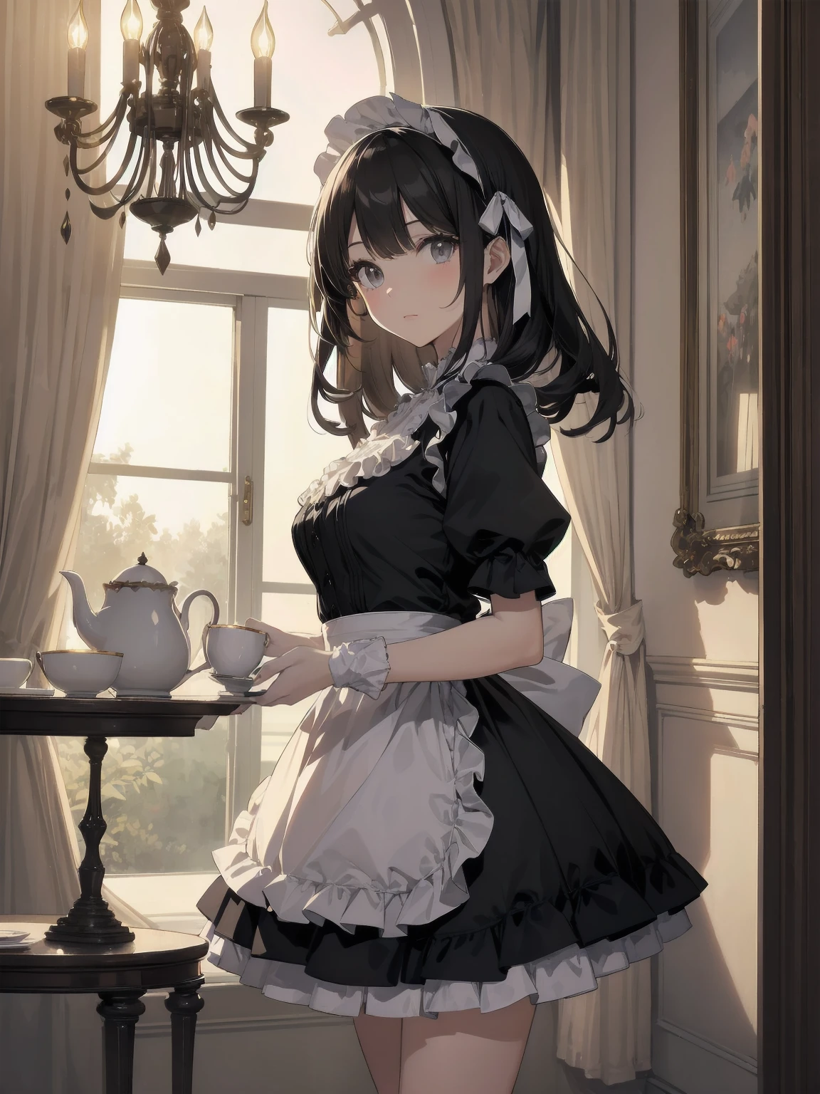 Illustration of a beautiful girl in a cute pose,(Masterpiece: 1.2), (Best quality: 1.2), A cute girl with long black hair, dressed in a classic black and white maid outfit with frilly lace and a matching headband, is standing in a beautifully decorated Victorian-style parlor. She is holding a silver tray with a teapot and teacup, her expression a mix of professionalism and warmth. The background includes ornate furniture, a chandelier, and large windows with heavy drapes, all bathed in soft afternoon light. This illustration emphasizes the elegant and welcoming atmosphere of a high-class tea service