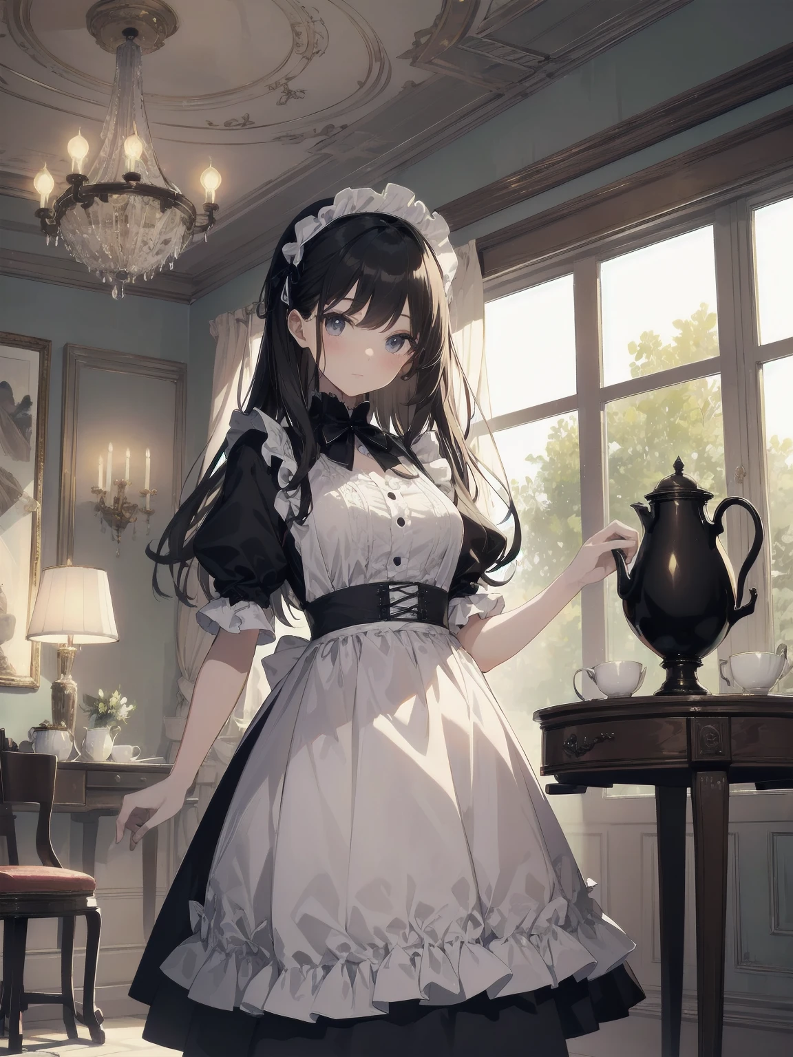 Illustration of a beautiful girl in a cute pose,(Masterpiece: 1.2), (Best quality: 1.2), A cute girl with long black hair, dressed in a classic black and white maid outfit with frilly lace and a matching headband, is standing in a beautifully decorated Victorian-style parlor. She is holding a silver tray with a teapot and teacup, her expression a mix of professionalism and warmth. The background includes ornate furniture, a chandelier, and large windows with heavy drapes, all bathed in soft afternoon light. This illustration emphasizes the elegant and welcoming atmosphere of a high-class tea service