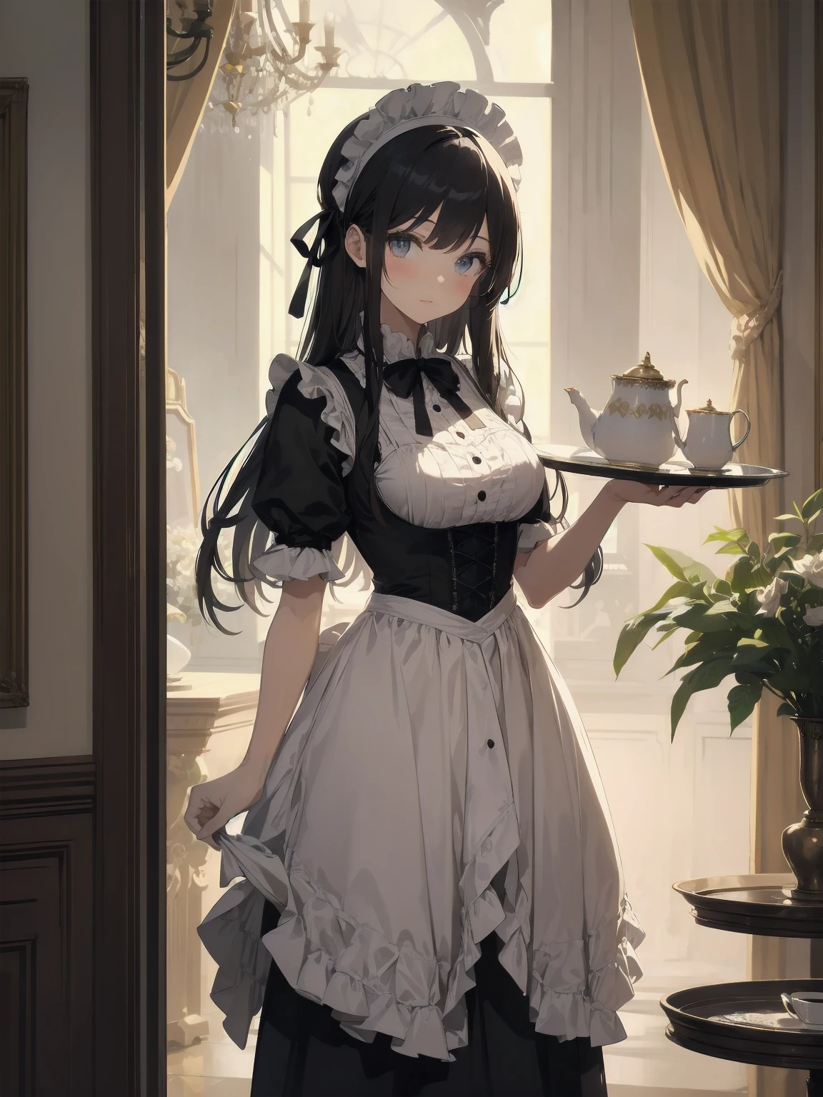 Illustration of a beautiful girl in a cute pose,(Masterpiece: 1.2), (Best quality: 1.2), A cute girl with long black hair, dressed in a classic black and white maid outfit with frilly lace and a matching headband, is standing in a beautifully decorated Victorian-style parlor. She is holding a silver tray with a teapot and teacup, her expression a mix of professionalism and warmth. The background includes ornate furniture, a chandelier, and large windows with heavy drapes, all bathed in soft afternoon light. This illustration emphasizes the elegant and welcoming atmosphere of a high-class tea service