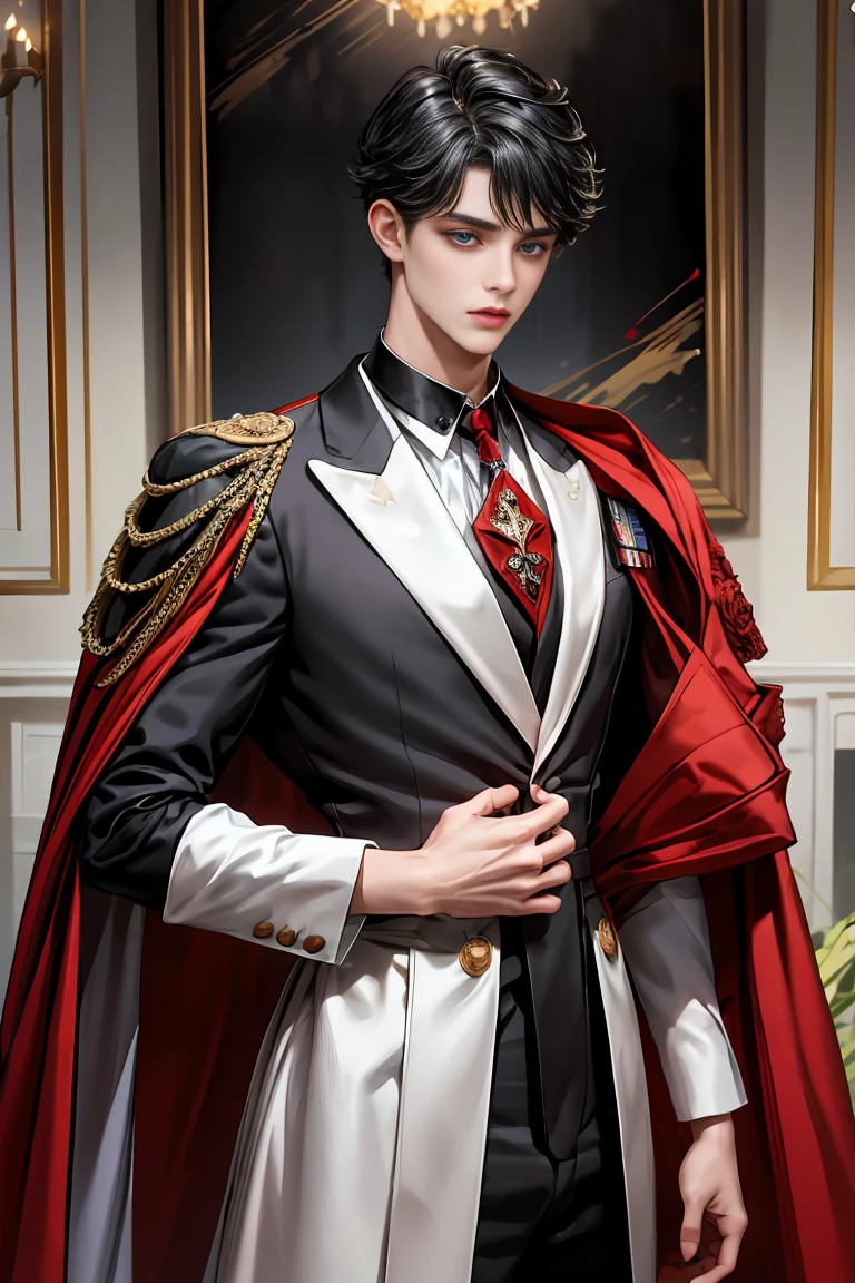 
masterpiece, 最high quality, high quality, 1 boy, alone, Male focus, Watching the audience,  Messy black hair, Adorable big blue eyes, White people, Noble, Noble,Sexy voluminous black and red cape、Tuxedo、A very voluminous, large, very large, very large, long, long red and black cape with a high stand-up collar, reaching down to the floor, made of a lot of fabric., ,Cute beautiful boys,Cute, cute, kind, handsome guy