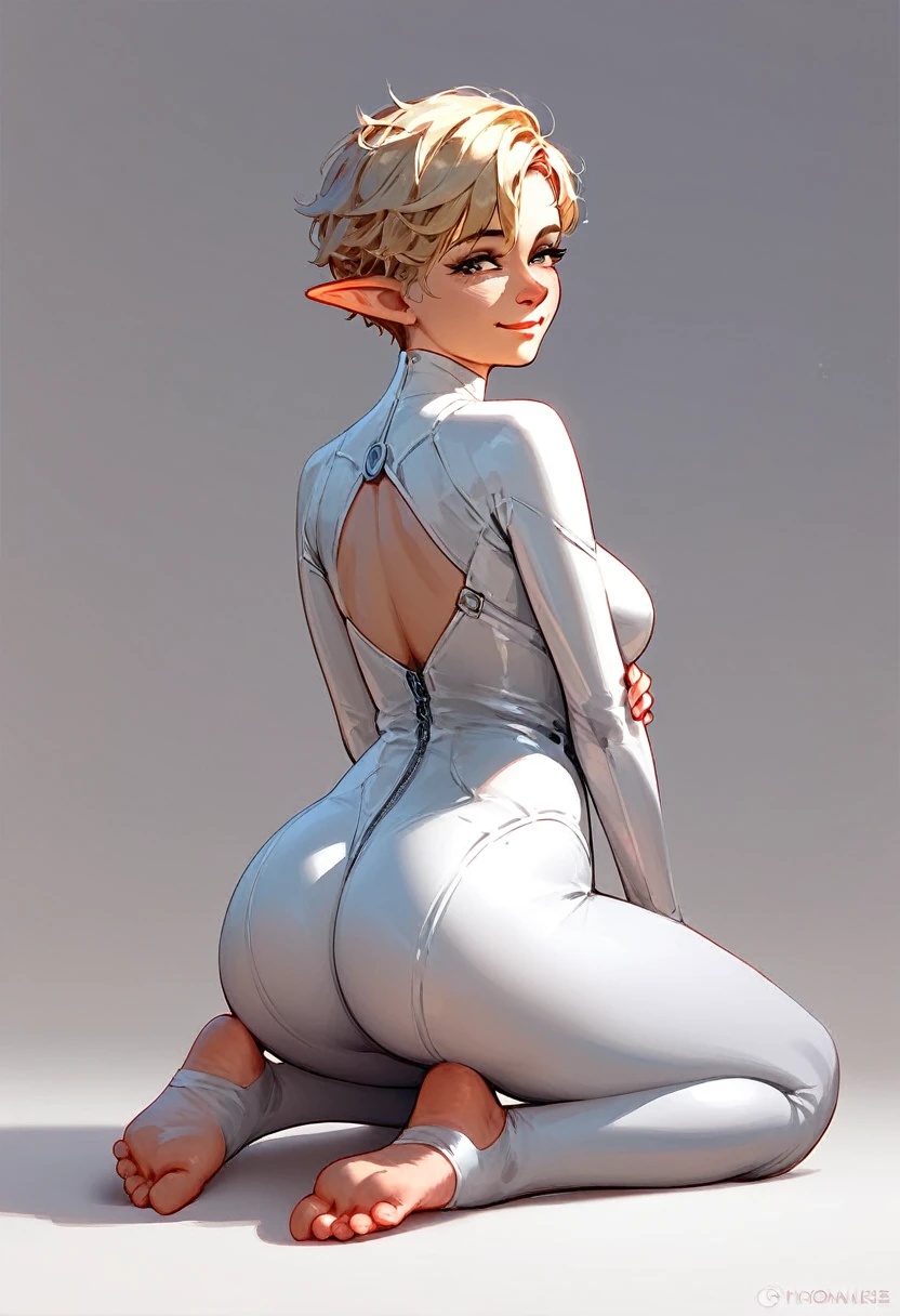 (score_9,score_8_up,score_7_up),1girl,solo,white body suit, blonde, big sister, mommy, middle age, mature, elf, pixie hair, very short hair, looking at viewer, warm smile, tired smile, bare foot, feet focus, two feet, kneeling, view from behind, simple background, white background