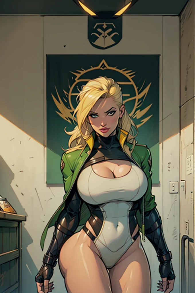 there is a woman in a green coat (curvaceous, massive breasts: 1.5, long blonde hair, exposed breasts) standing inside of a bar flashing her breasts, a character portrait by Gabriel Ba, trending on Artstation, digital art, Charlie Bowater character art, Charlie Bowater rich deep colors, Jen Bartel, qiyana, Charlie Bowater art style, style of Charlie Bowater, background artwork, black canary, full art illustration