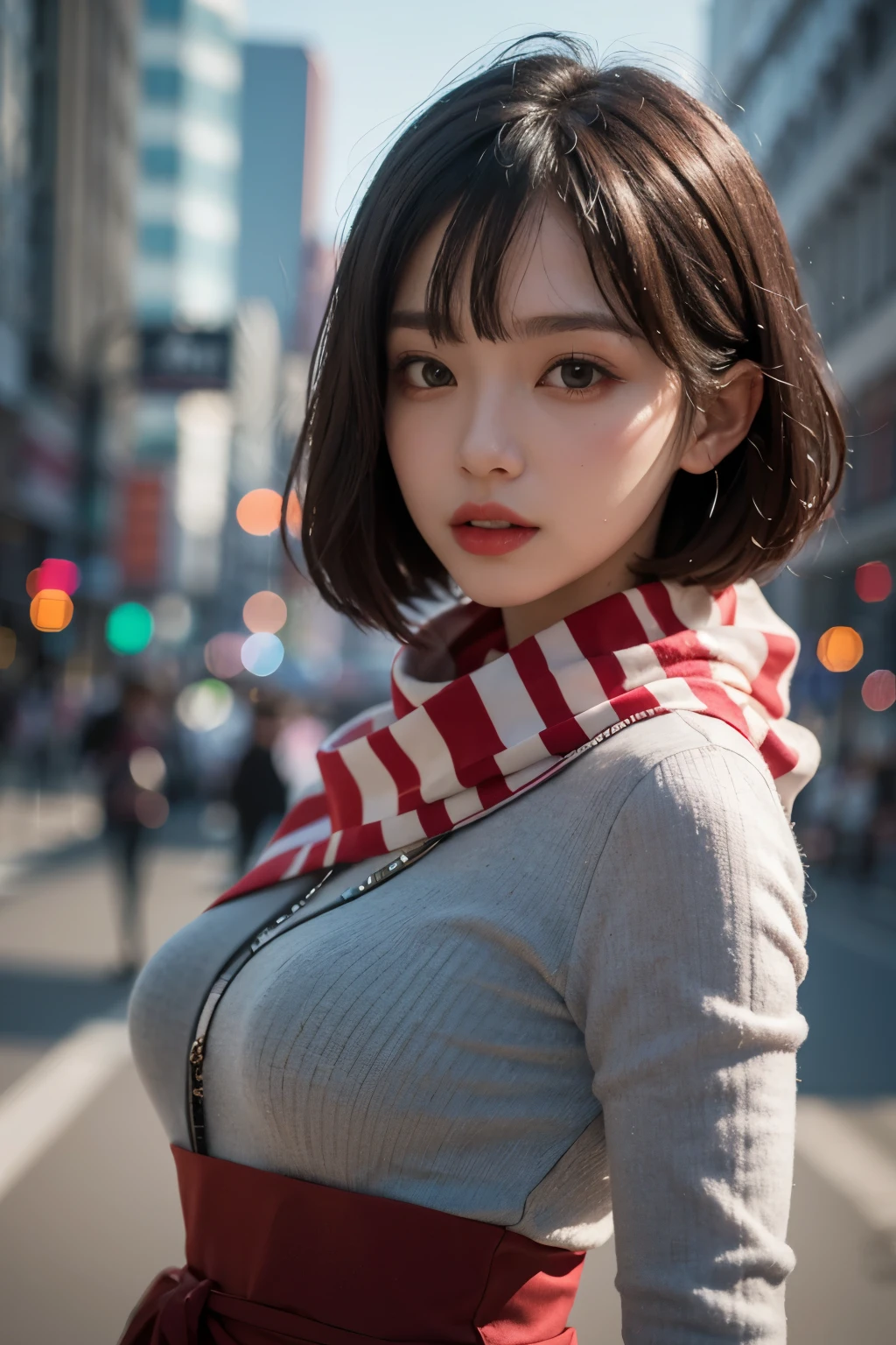 Beautiful anime girl from bust to waist /// (specificity) Wearing an elaborate combat jumpsuit,With scarf, Upper Body Shot, Delicate skin, Menbe Ruijujao, Detailed eyes and pupils (And red lips), Nice bob haircut, Intricate details and sharp, masterpiece, Global Illumination, True Shadow, Bokeh, The best quality at its best, photoActual, Actual, 8k, 3d
