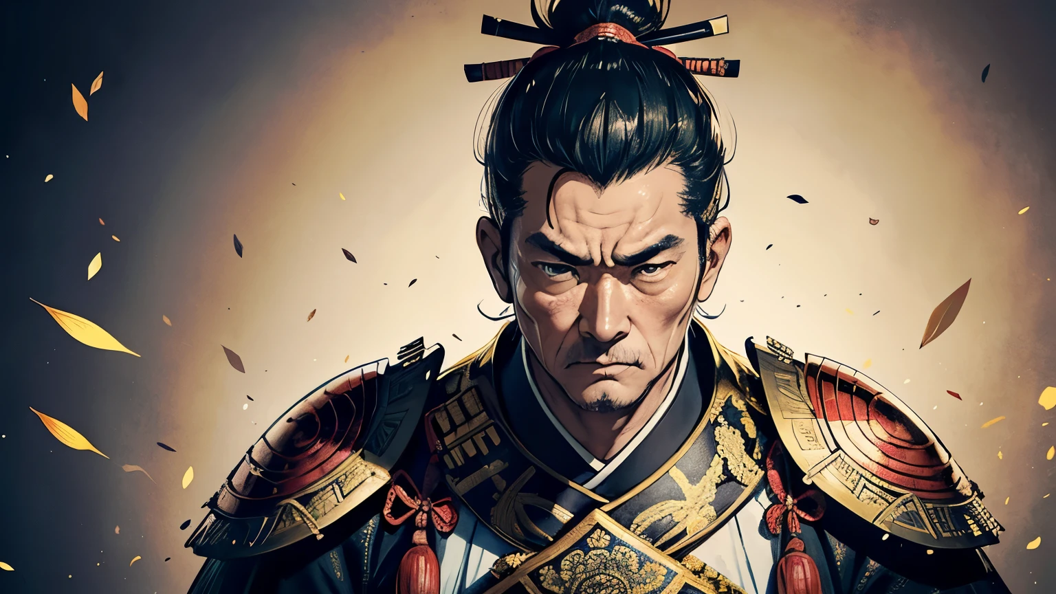 60 year old warrior、Tokugawa Ieyasu、Wearing intricately designed traditional samurai armor、Famous people in Japanese history、They tied their topknots、He has a stern look、Has an intimidating presence。