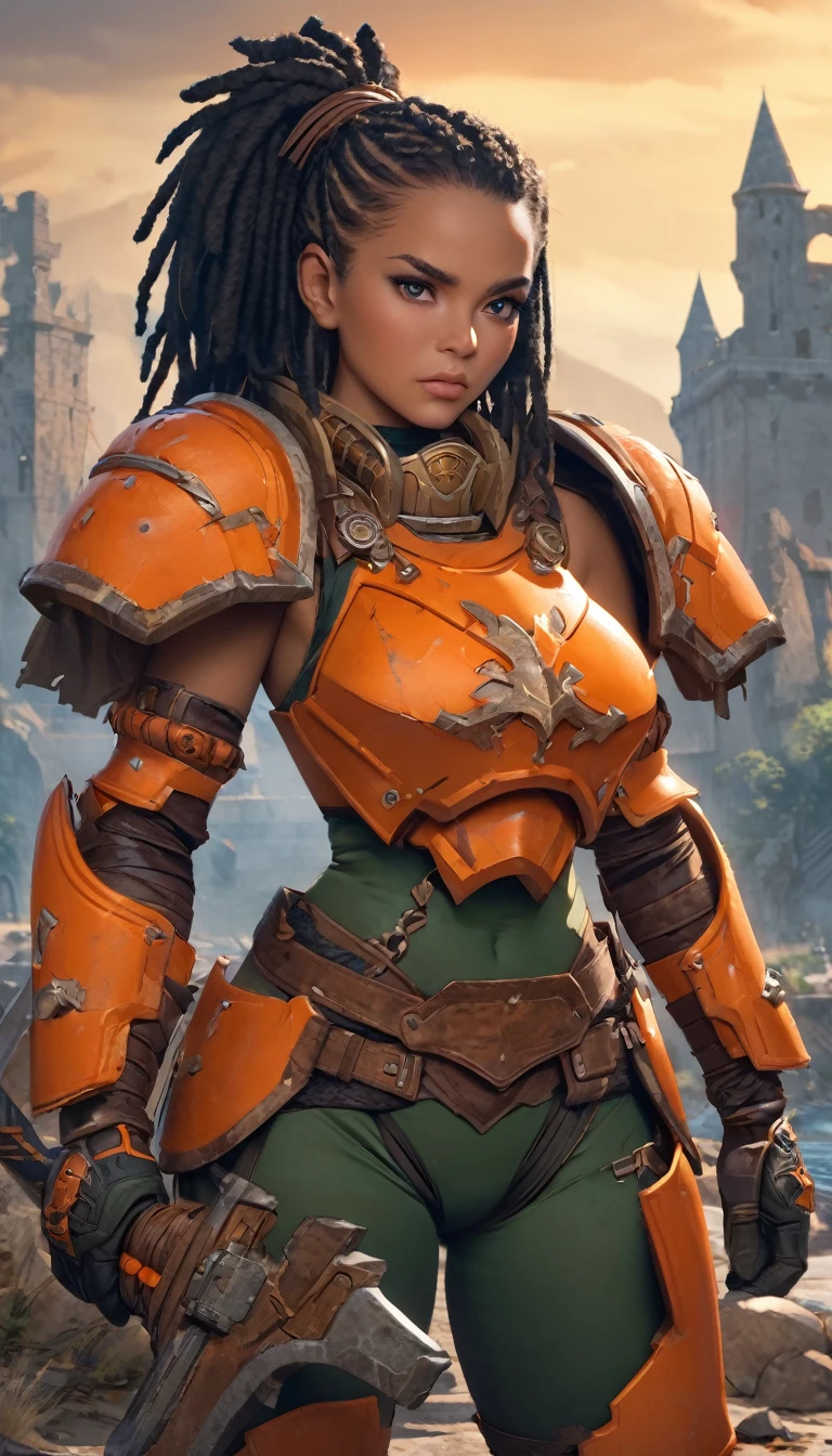 (best quality,4k,8k,highres,masterpiece:1.2), ultra-detailed, (realistic,photorealistic,photo-realistic:1.37),(Numerous award-winning masterpieces, incredibly detailed and textured, maximal resolution and clarity), (Hyper-realistic:1.4), (Realistic:1.3), imagine a high tech barbarian combining futuristic (heavy mechanical) (orange power armor) with primitive (barbarian furs and loin cloth), her outer armor is a bold orange while the skin tight liner is dark green. (There is no visible skin on her arms or chest). There should be fur trim adorning the armor and clothing. Her fur boots are black. She is a muscular black woman with her short hair pulled back in dreadlocks.