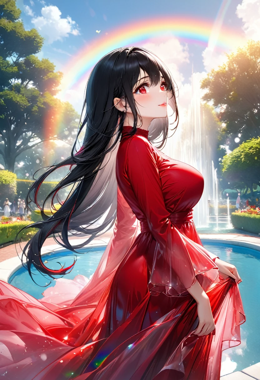 (profile beautiful style), (solo:2, 18 yo), (beautiful straight) (beautiful detailed black hair, very long hair) (best sadist girl, cool beautiful red eyes, glossy lip, big tits, looking sky, best love smile), in a immensely beautiful red dress with double exposure grow, break, in the beautiful enchanted garden, Large fountain with double exposure rainbow, BREAK, perfect anatomy, masterpiece, best quality, 16k, beautiful detailed love, daydreaming expression.