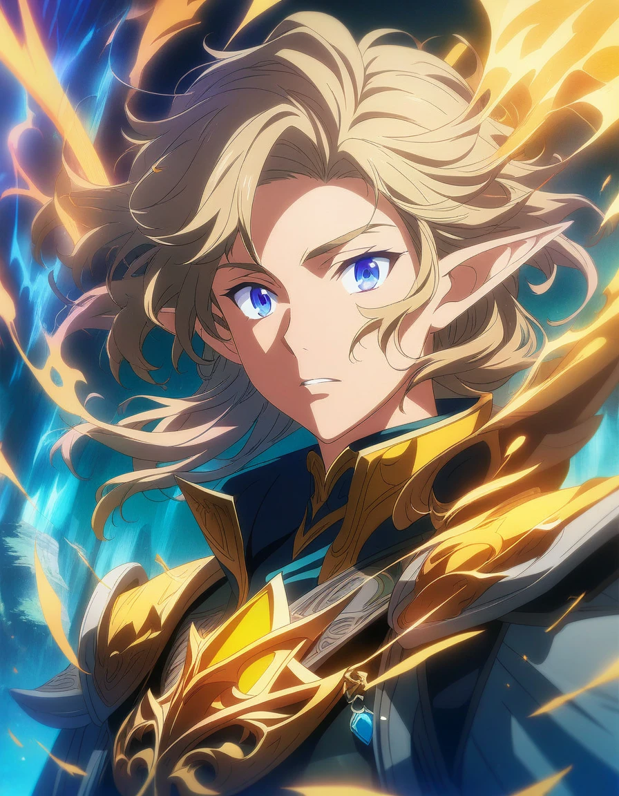 1boy, paladin portrait of a 2 4 years old male evil elf with short dark blonde hair, Dungeons & Dragons, aesthetic, dungeons and dragons, yellow irises!! elf, rogue, sharp focus, d & d, fantasy, intricate, elegant, digital painting, art, (masterpiece), (best quality), (ultra-detailed), very aesthetic, illustration, disheveled hair, perfect composition, moist skin, intricate details, anime artwork, anime style, key visual, vibrant, studio anime, highly detailed