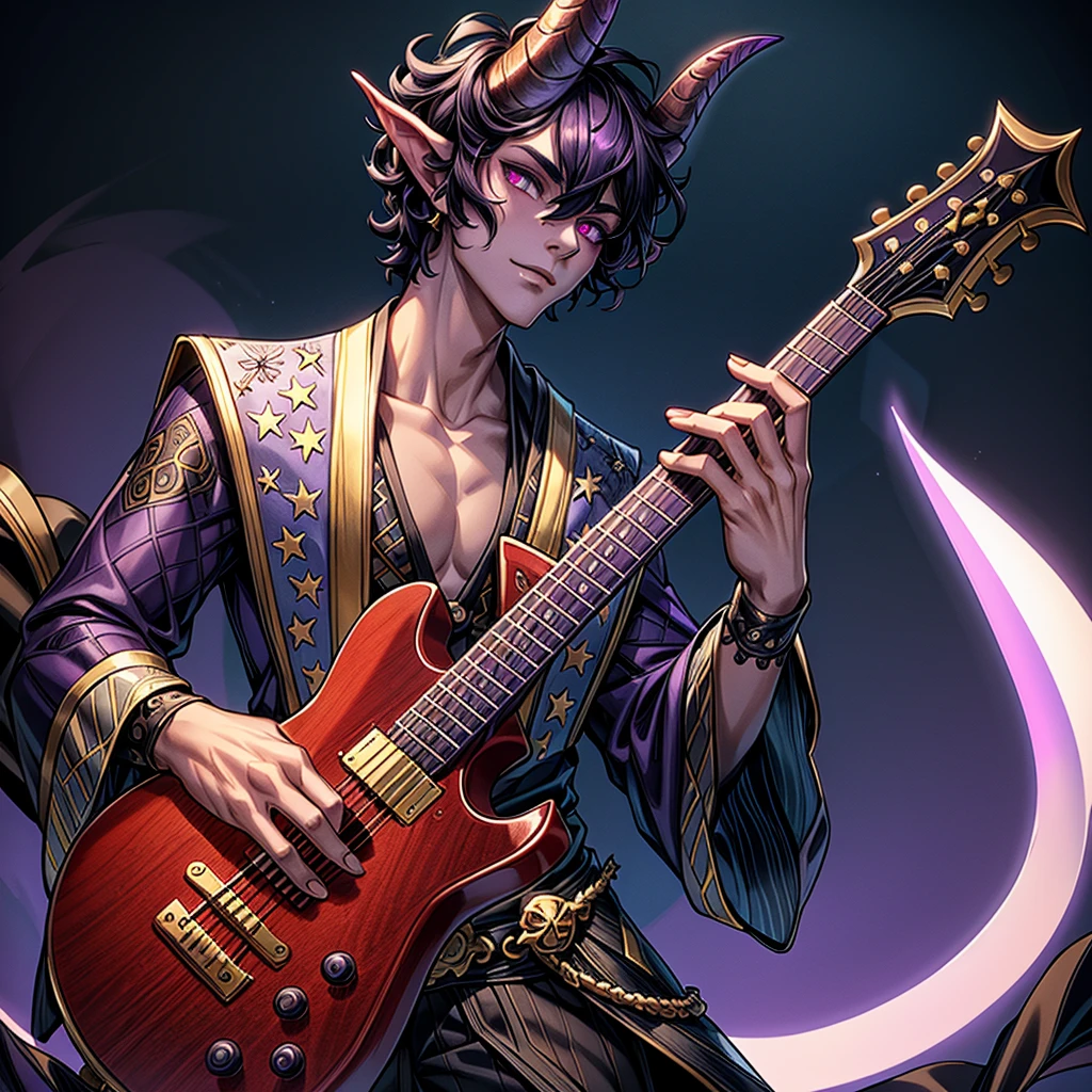 One demon boy, bard cloth, Hair: Black, thick and slightly wavy, Eyes: Purple, like the deep night sky, Horns: White, tall and graceful, with ornate patterns, Build: Graceful, slim, well-proportioned