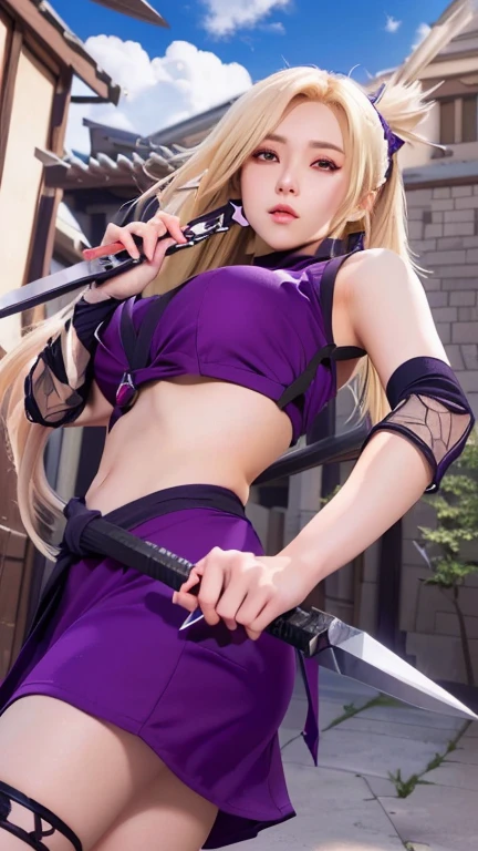 8k、Short blonde bobヘアのエルフ、Super Beauty(Realistic)、Alafeid woman dressed in purple and black、Ultra-detailed fantasy characters、3D Rendering Character Art、blue eyes、Detail Fantasy、Stunning Armor、Amazing character art、Gorgeous Female Paladin、Ultra-high resolution、Ultra-Realistic Skin、Beautiful expression、Sexy Appearance、Fascinating、Beautiful small breasts、Rich colors、Backlight、Cinema Lighting、Film Grain、50mm lens、Nikon D850、Fantasy art、Dynamic fighting poses、In the dark dungeon、make、Elf Ears、Very muscular and slim build、Very strong and toned abdominal muscles腹筋(Six Pack)、Silver hair ornament(one point)、Purple and black combat pants、湾曲した銀2Hold two swords in each hand、Preparing for battle、Short blonde bob,Strengthen all body muscles,Very strong and toned abdominal muscles(Six Pack),２Hold two swords in each hand,With silver and purple ribbon,Amazing muscles,Bodybuilder,Dynamic fighting pose,Black and purple combat trousers,