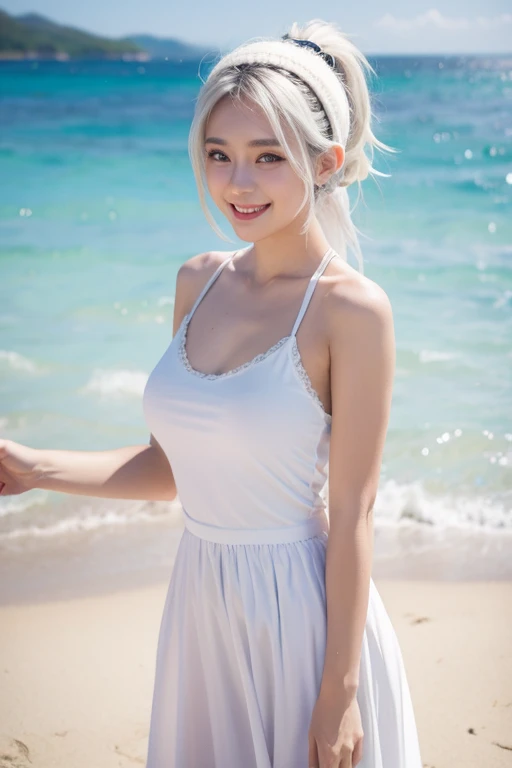 best quality, masterpiece, , ,short, Huge breasts, White hair,low ponytail, Purple Eyes, Snow Chris, thin twintails,, ocean滩, ocean, White Dress, White skirt, White single piece, straw hat, (((Shy))), (Happy), Lean forward, summer, from above, lend a helping hand, Smile,