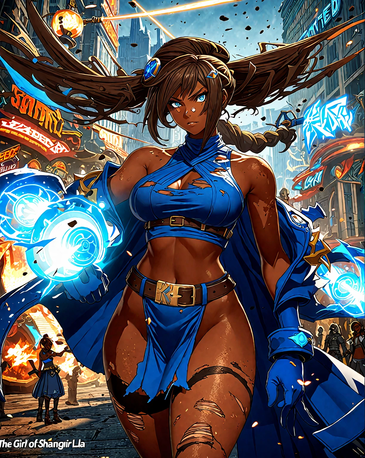 "The girl of Shangri-la", (, a Dark-skinned female with Reddish-brown skin, a prominent convex nose, black sharp round eyes, Dark blackish-brown hair in a dusty, messy bun, a green and blue halter top, blackish and slightly torn dress skirt adorned with a belt of the same color over some strained and ripped tights; cobalt blue gloves and the coat she acquired from a fallen opponent foot soldier): Dark protagonists, wanted Rebel, futuristic, magic city, city-wide celebration, carrying dual light shotel swords), : (Style of BlazBlue ), 8k, high res, high-detailed art, detailed mixed media layering, uHd, Cryengine5, fighting game, key visual
