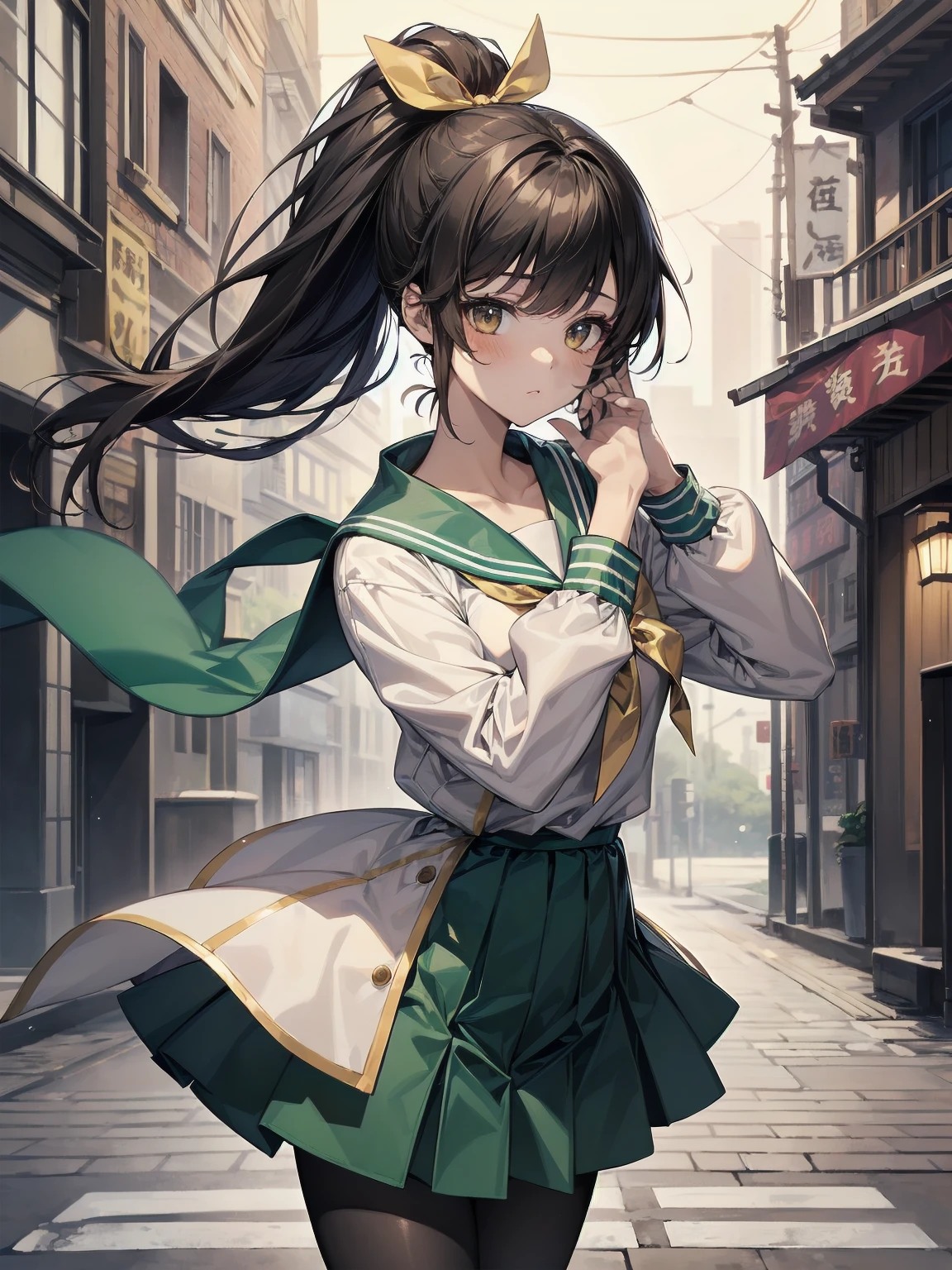 Masterpiece, illustration, super detailed, kawaii, one girl, 独奏, slender 14 year old, Japanese girl, chou chou, ribbon, nape of neck, low ponytail, cute pose in Less revealing attire, (green sailor outfit, two gold lines), large gold ribbon, priss skirt, black pantyhose, , Long Sleeves, White innerwear for sailor suit, living room, cowgirl shot, sfw, dynamic angle、Close-up on the characters、(building, city、A dense fog of fluorescent particles、1800Era、Japanese Style、Fiction、grow、Overwhelming、Detailed street)、A beautiful girl with a beautiful background and a super cute pose