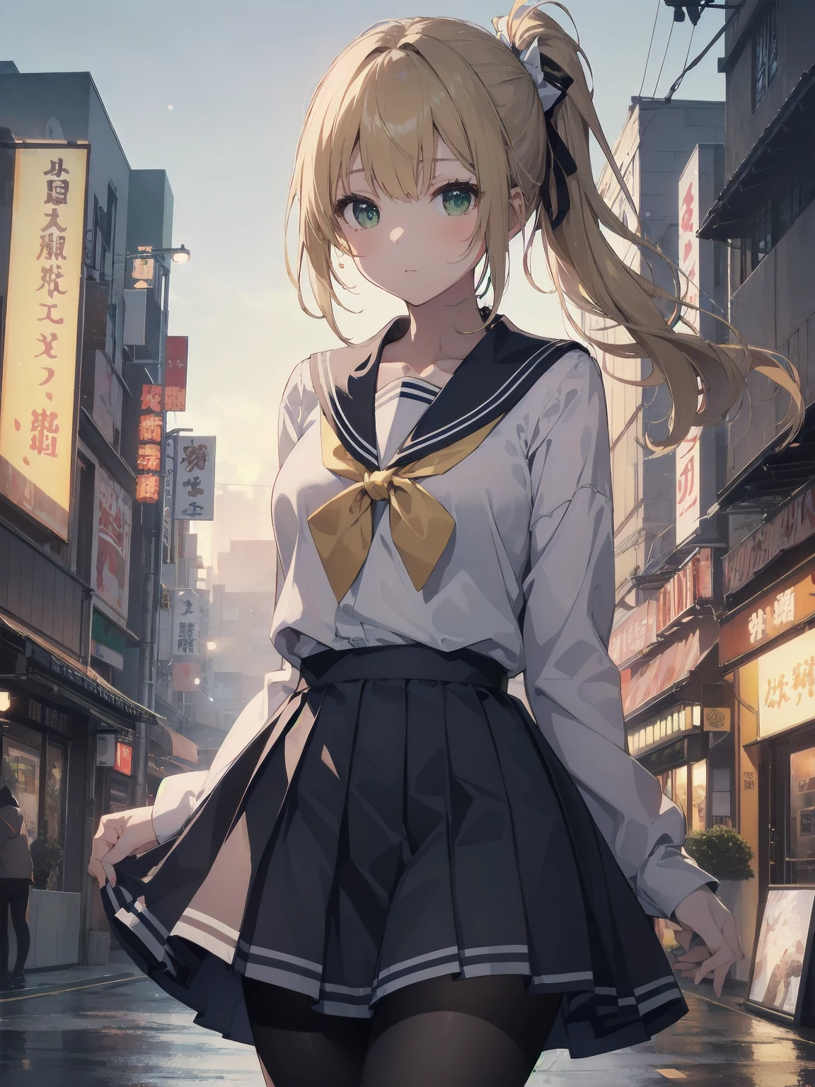 Masterpiece, illustration, super detailed, kawaii, one girl, 独奏, slender 14 year old, Japanese girl, chou chou, ribbon, nape of neck, low ponytail, cute pose in Less revealing attire, (green sailor outfit, two gold lines), large gold ribbon, priss skirt, black pantyhose, , Long Sleeves, White innerwear for sailor suit, living room, cowgirl shot, sfw, dynamic angle、Close-up on the characters、(building, city、A dense fog of fluorescent particles、１８００Era、Japanese Style、Fiction、grow、Overwhelming、Detailed street）、A beautiful girl with a beautiful background and a super cute pose
