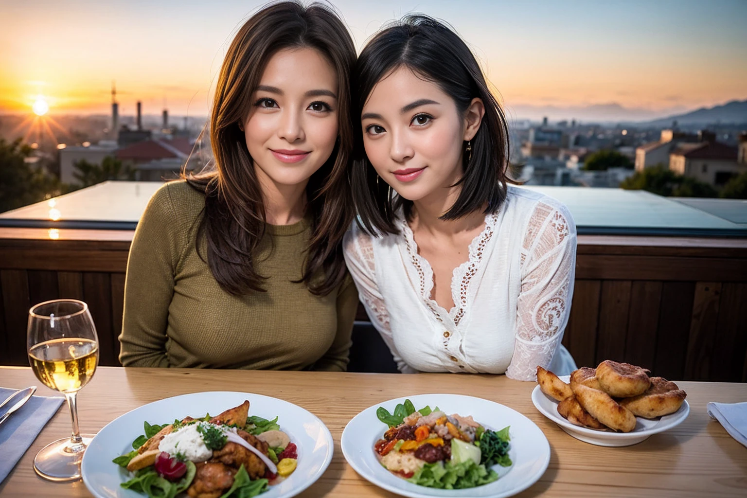 (Realistic:1.1),(masterpiece,Highest quality),8k,(44 years old), 47 years old, lover、Happy couple、Model Couple、actress/actor、Tight waist,Upper Body,full-course dinner、wine 、Amazing view of the sunset sky and clouds、Perfect Anatomy, Brown Hair, short hair,Random Hairstyles,((Highly detailed face and eyes:1.2))(cute顔:1.4),美しいactressの顔,Perfect golden ratio face,Long sleeve shirt、dress,(smile:1.2)、Shortcuts、cute、(Realistic, Intricate details:1.2), A bright smile、short hair,Bright Face、赤wine 、Appetizers、Italian food、wine bottle、Champagne、スパークリングwine、(slimな顔), (The body is slim), (Brown Hair), (Shortcuts), Upper Body, 白wine, slim, wineグラス,