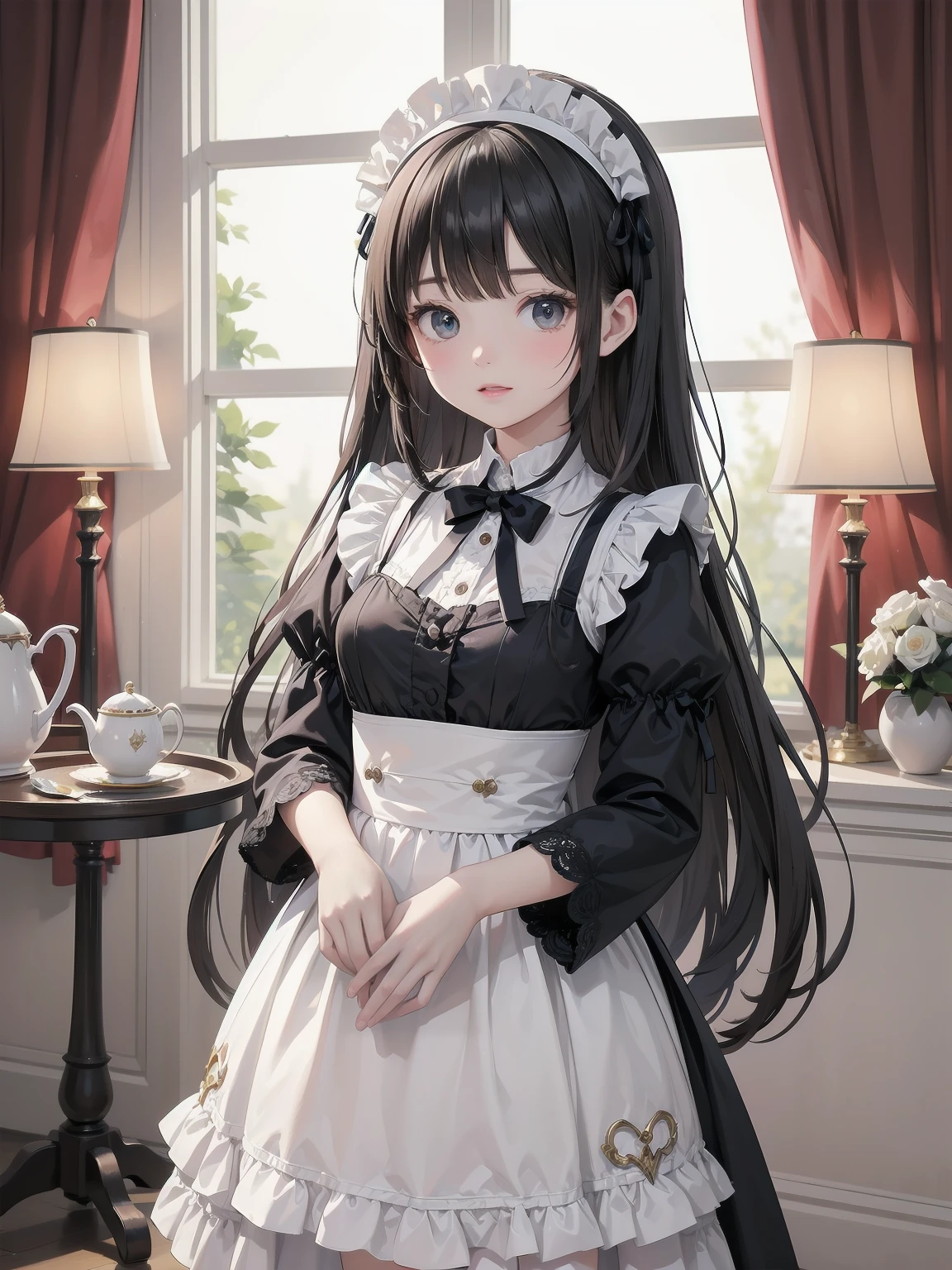 Illustration of a beautiful girl in a cute pose,(Masterpiece: 1.2), (Best quality: 1.2), A cute girl with long black hair, dressed in a classic black and white maid outfit with frilly lace and a matching headband, is standing in a beautifully decorated Victorian-style parlor. She is holding a silver tray with a teapot and teacup, her expression a mix of professionalism and warmth. The background includes ornate furniture, a chandelier, and large windows with heavy drapes, all bathed in soft afternoon light. This illustration emphasizes the elegant and welcoming atmosphere of a high-class tea service