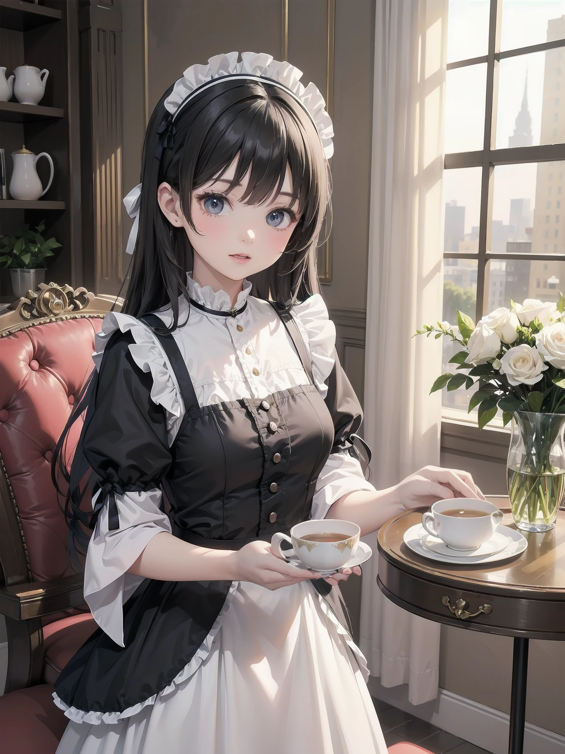 Illustration of a beautiful girl in a cute pose,(Masterpiece: 1.2), (Best quality: 1.2), A cute girl with long black hair, dressed in a classic black and white maid outfit with frilly lace and a matching headband, is standing in a beautifully decorated Victorian-style parlor. She is holding a silver tray with a teapot and teacup, her expression a mix of professionalism and warmth. The background includes ornate furniture, a chandelier, and large windows with heavy drapes, all bathed in soft afternoon light. This illustration emphasizes the elegant and welcoming atmosphere of a high-class tea service