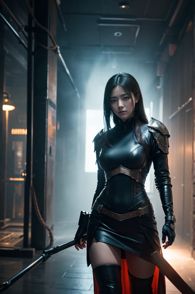 a powerful korean woman, full body portrait, arrogant gaze, (best quality,4k,8k,highres,masterpiece:1.2),ultra-detailed,(realistic,photorealistic,photo-realistic:1.37),HDR,UHD,studio lighting,ultra-fine painting,sharp focus,physically-based rendering,extreme detail description,professional,vivid colors,bokeh,oil painting,digital art,concept art,dramatic lighting,cinematic composition