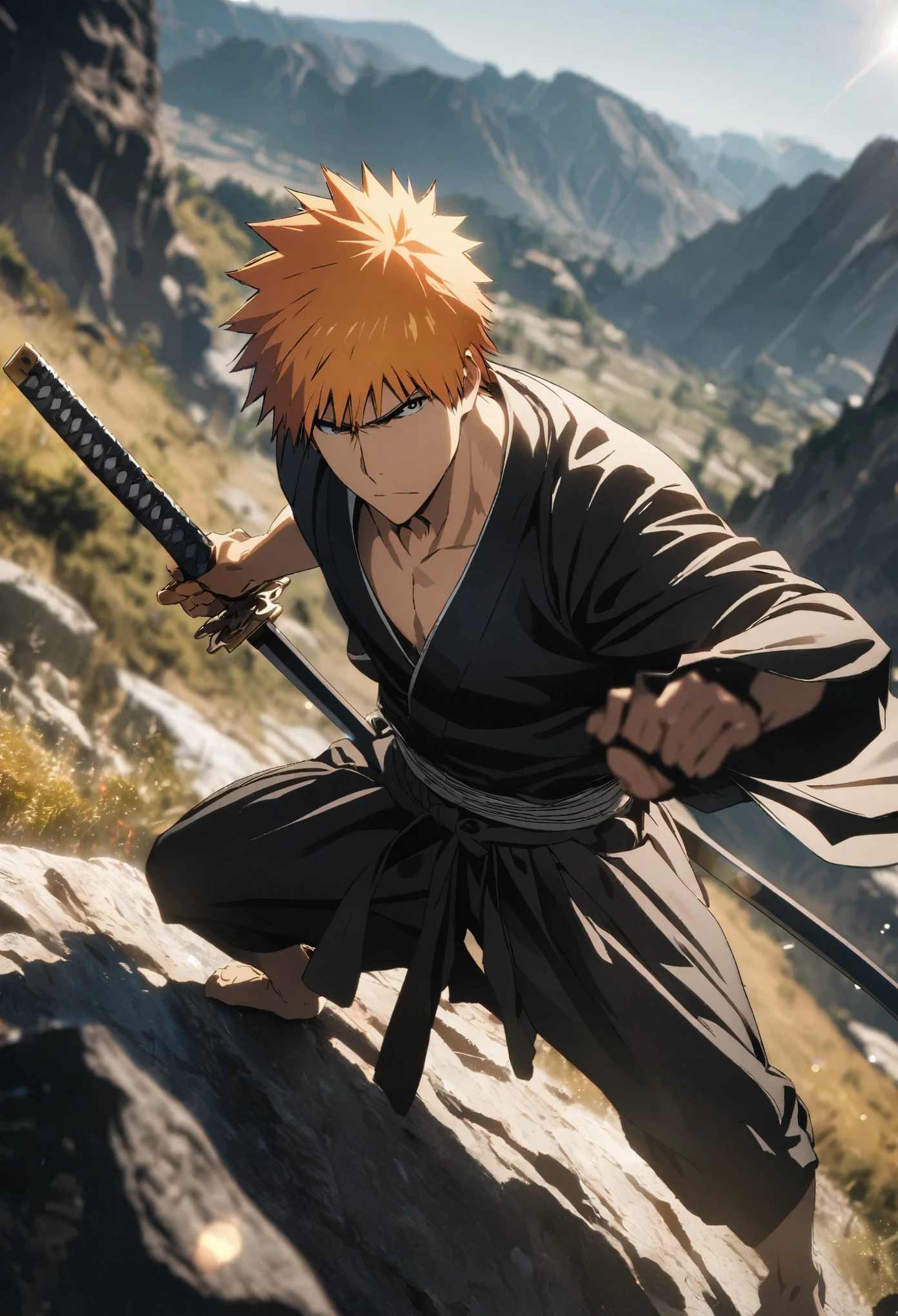 1man, male focus, kurosaki ichigo, dark kimono, black katana, standing high up on a rock, fighting stance, cowboy shot ((centered)), outdoors, sunshine, very aesthetic, illustration, perfect composition, intricate details BREAK (8k, RAW photo, best quality, masterpiece:1.2, masterpiec8K.HDR. highresabsurdres:1.2, film grain, blurrybokeh:1.2, lens flare, (delicate))