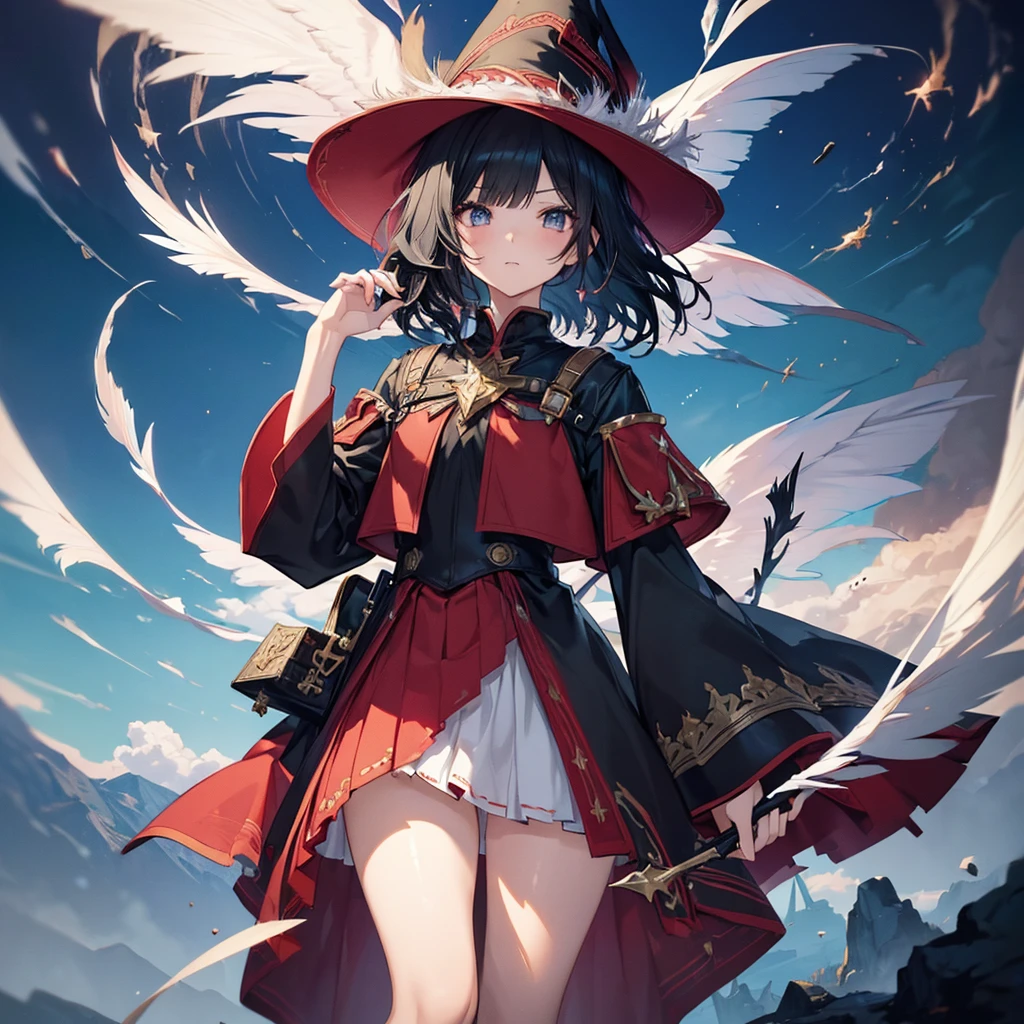 (Fantasy Illustration:1.5), (alone:1.2), (anime,8k,masterpiece, Highest quality, Highest quality,beautifully、aesthetic:1.2,Professional illustrations:1.1,Super detailed:1.3,Perfect lighting), Very detailed, Most detailed, Incredibly absurd, High resolution, Super detaileded, Complex:1.6, (girl), Very exquisite beautiful face and eyes, Beautiful Hair, Bob Hair, Blunt bangs, (Black Hair:1.4), ( Final Fantasy Red Mage Costume,Feathered hat,Fluffy skirt:1.2), Guess the skin, (Abstract:1.2), cute, (Small stature,Mid-chest)